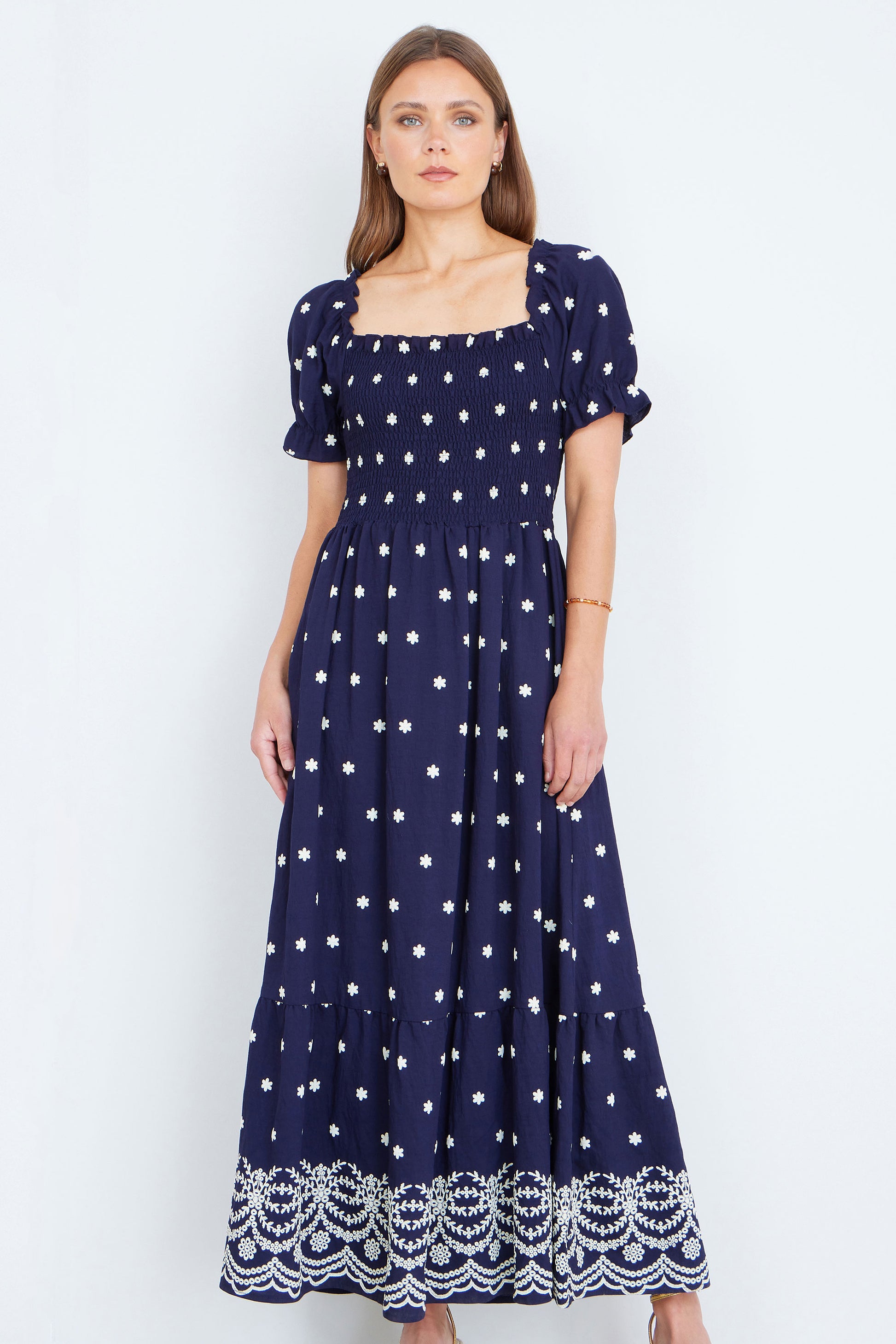 Yumi Navy Border Hemline Smocked Maxi Dress Dress Casual Yumi