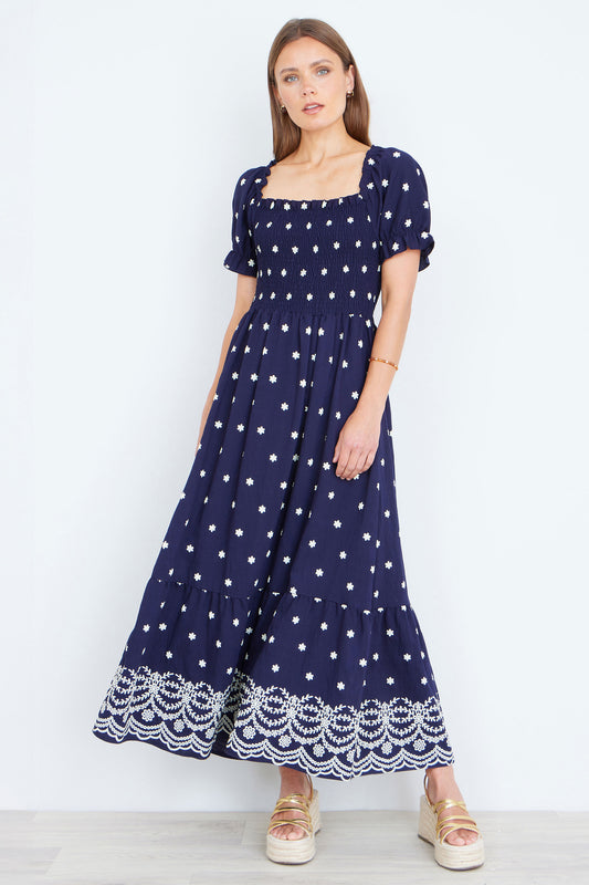 Yumi Navy Border Hemline Smocked Maxi Dress Dress Casual Yumi