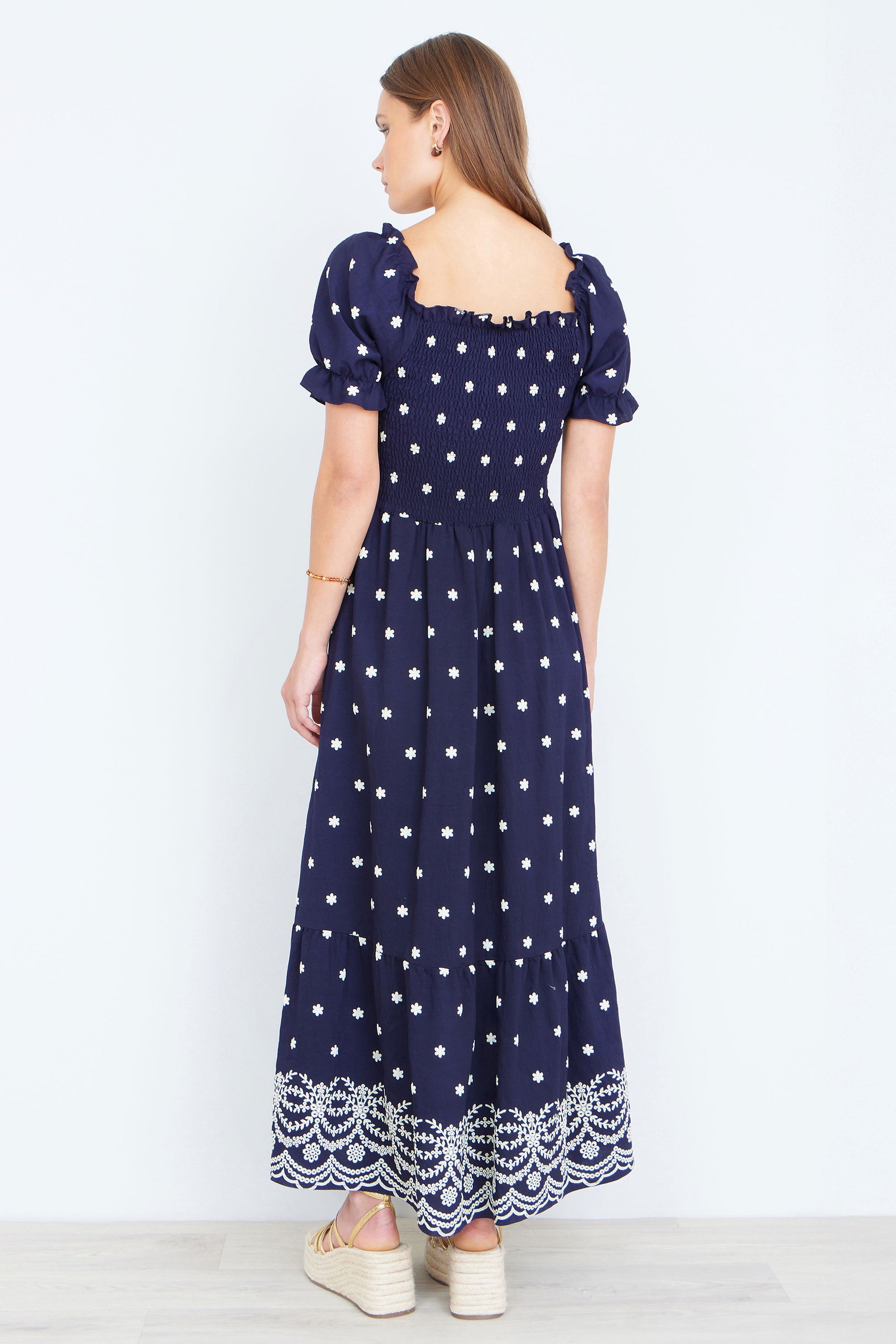 Yumi Navy Border Hemline Smocked Maxi Dress Dress Casual Yumi