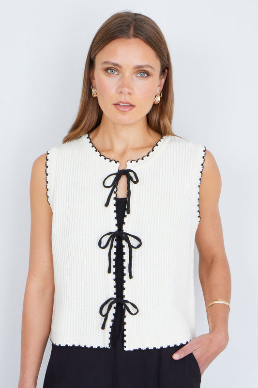 Yumi Ivory Knitted Waistcoat With Bow Trims Knit Top Yumi