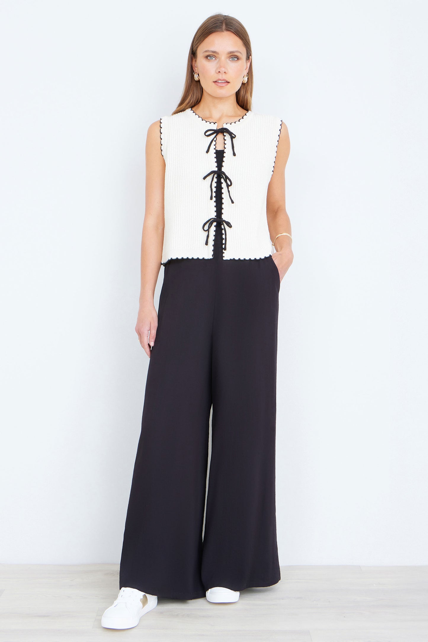 Yumi Ivory Knitted Waistcoat With Bow Trims Knit Top Yumi