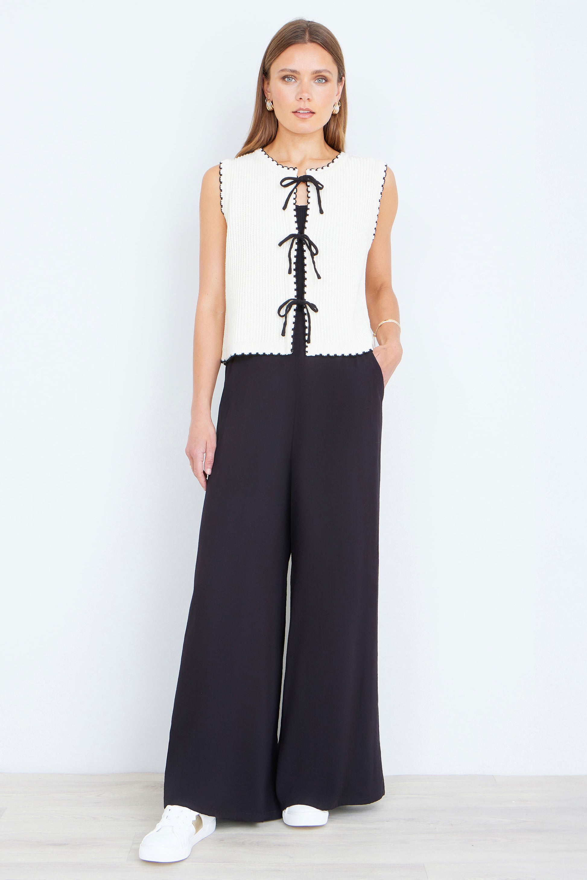 Yumi Ivory Knitted Waistcoat With Bow Trims Knit Top Yumi