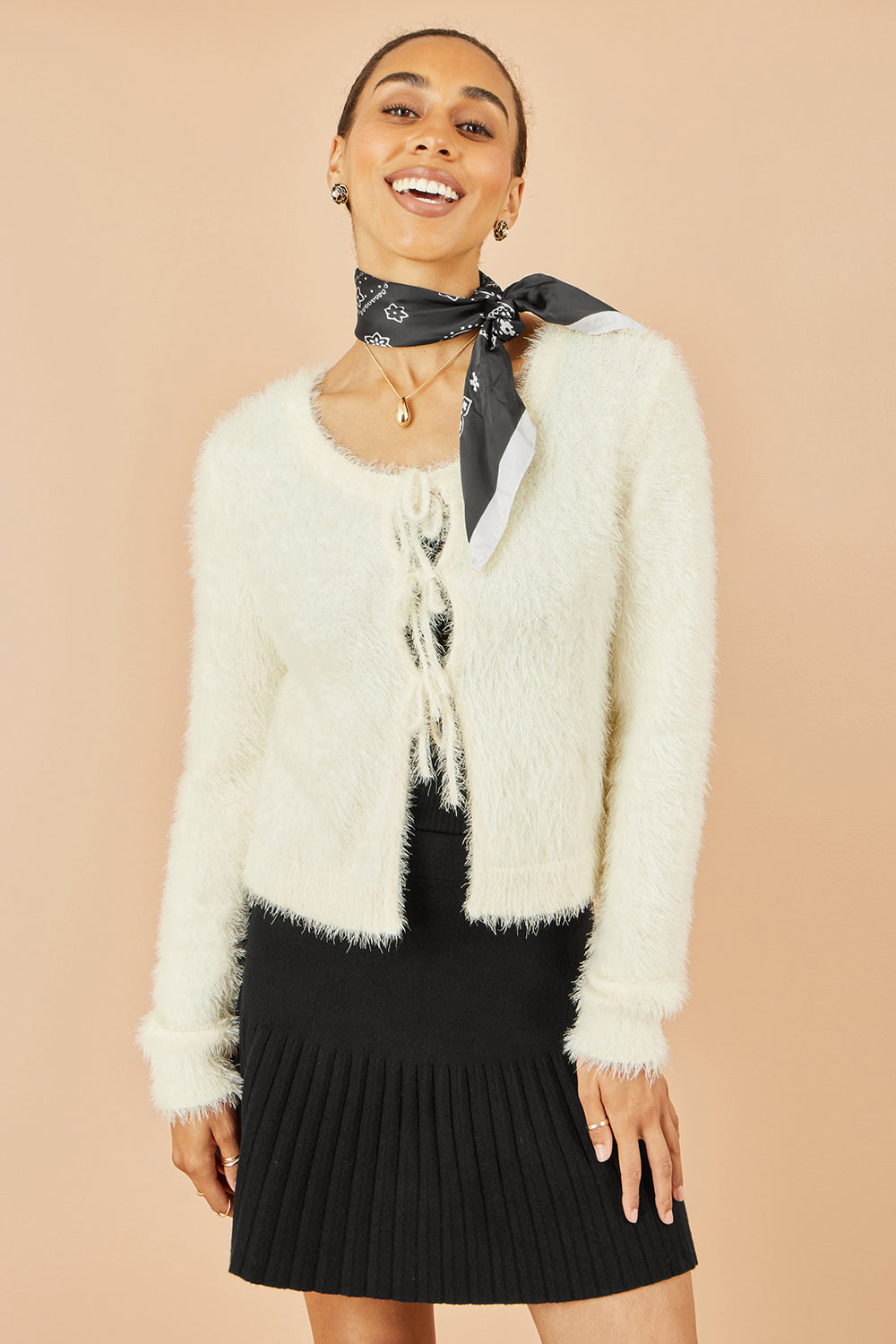 Yumi Ivory Eyelash Fluffy Knit Bolero With Tie Front Knit Cardigan Yumi