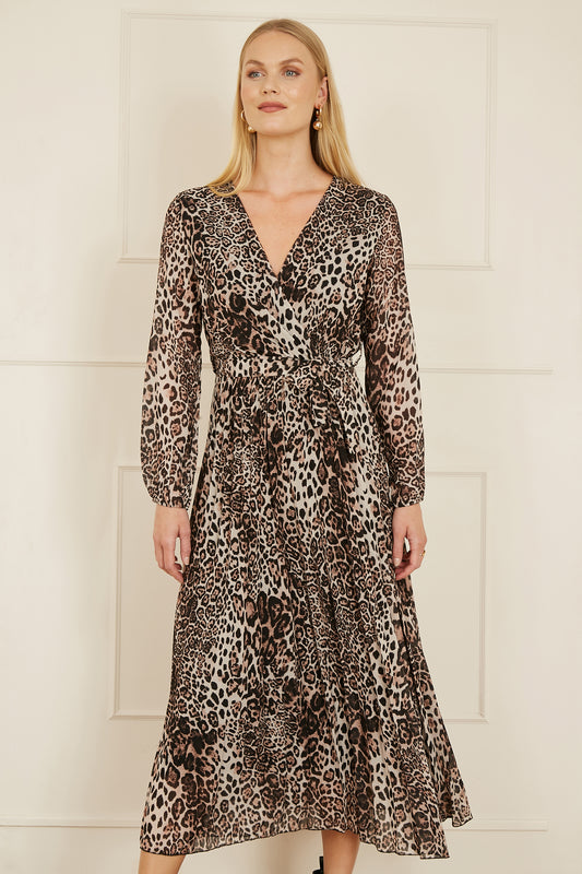 Yumi Brown Leopard Print Pleated Long Sleeve Wrap Midi Dress Yumi