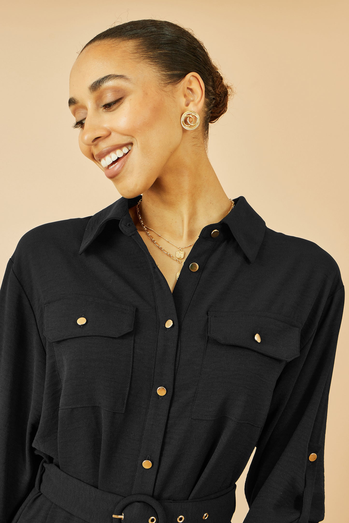 Yumi Black Stretch Midi Shirt Dress Dress Casual Yumi