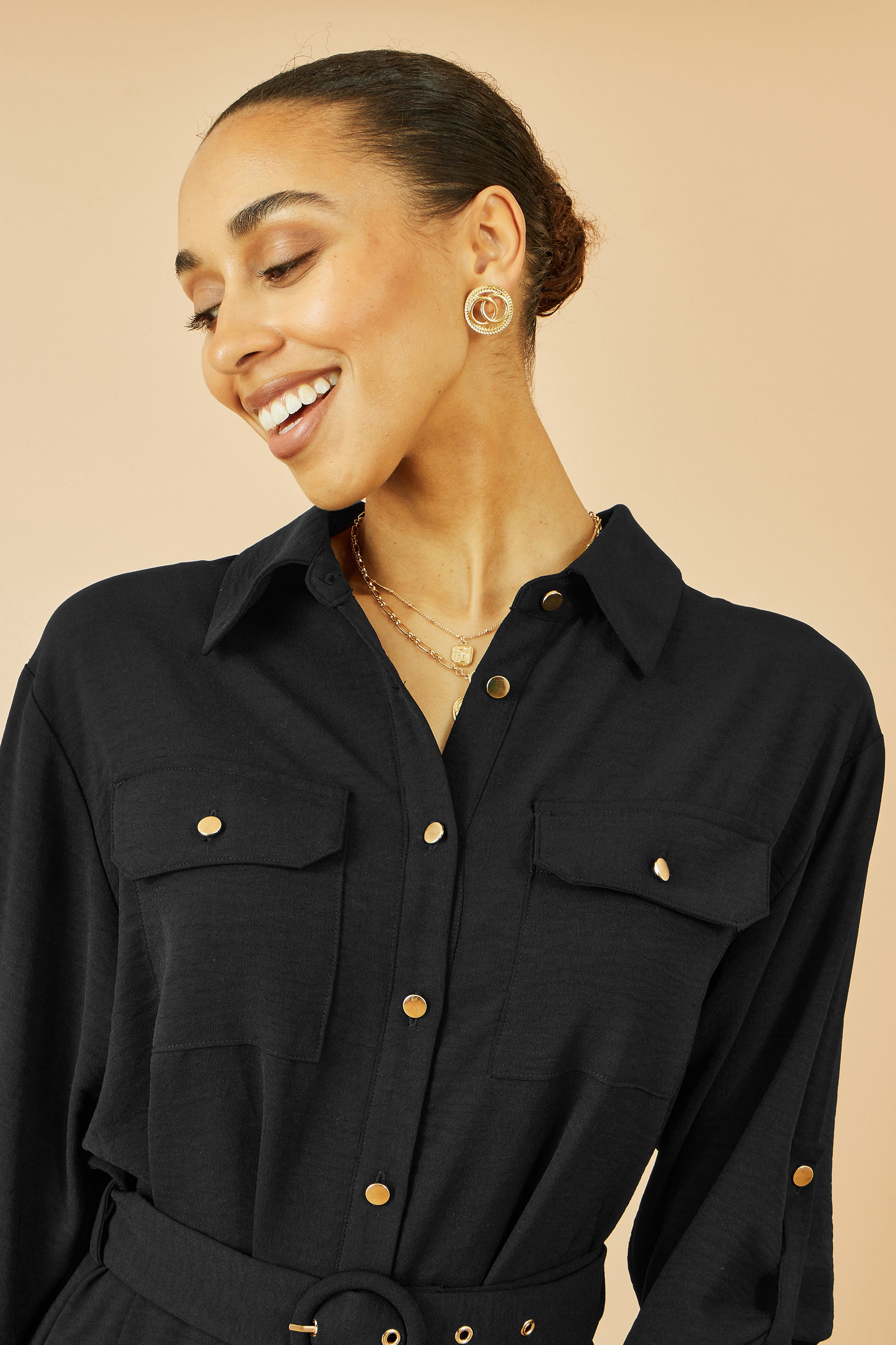 Yumi Black Stretch Midi Shirt Dress Dress Casual Yumi