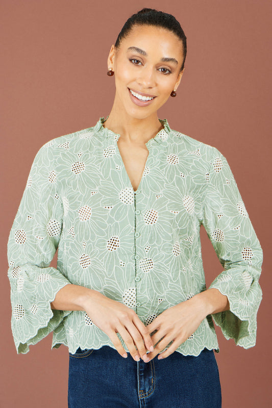 Yumi Green Daisy Broderie Shirt With Fluted Sleeves Tops Yumi