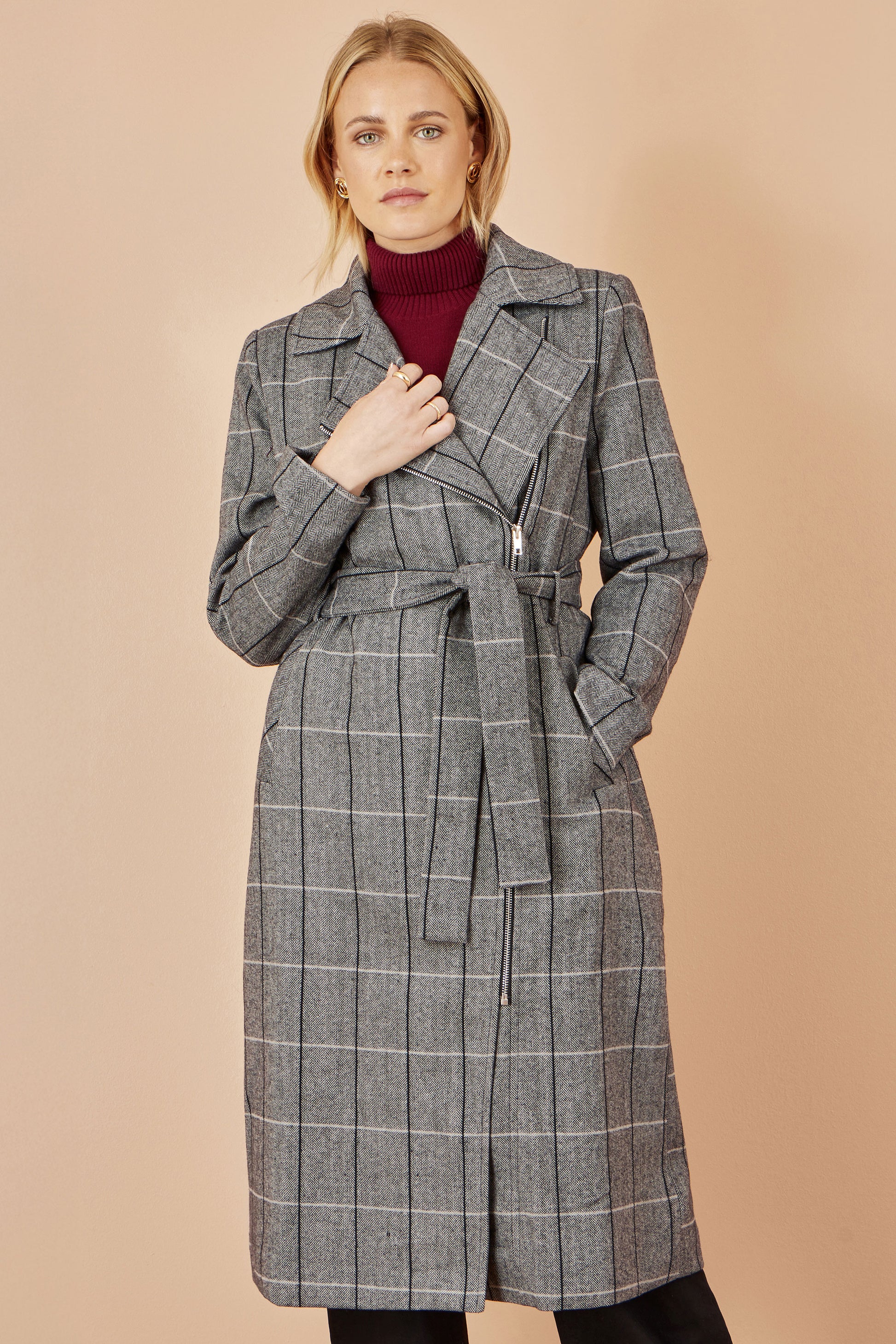Yumi Grey Check Oversize Long Biker Coat COAT Yumi