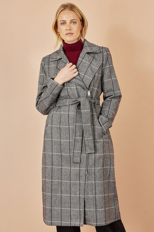 Yumi Grey Check Oversize Long Biker Coat COAT Yumi