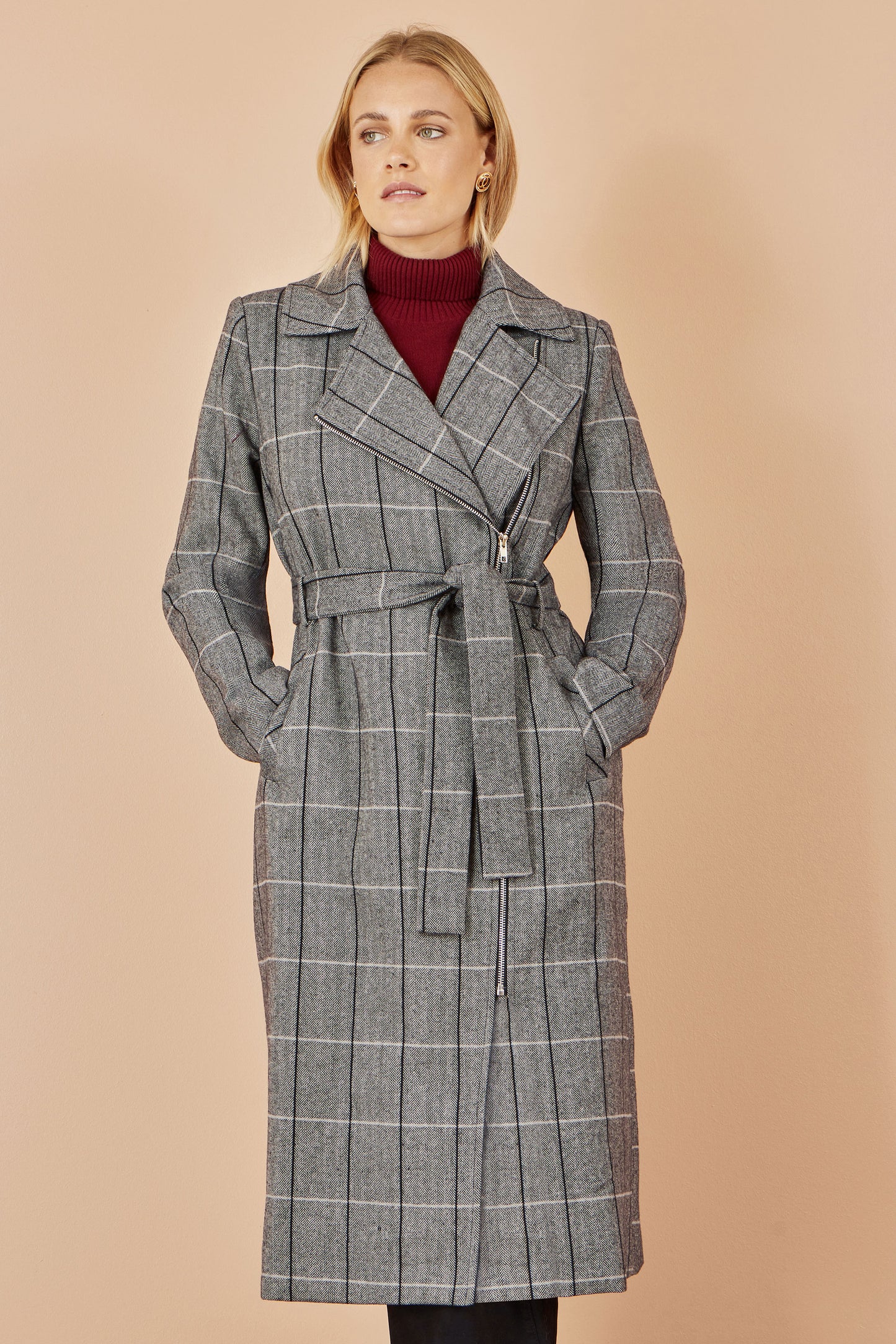 Yumi Grey Check Oversize Long Biker Coat COAT Yumi