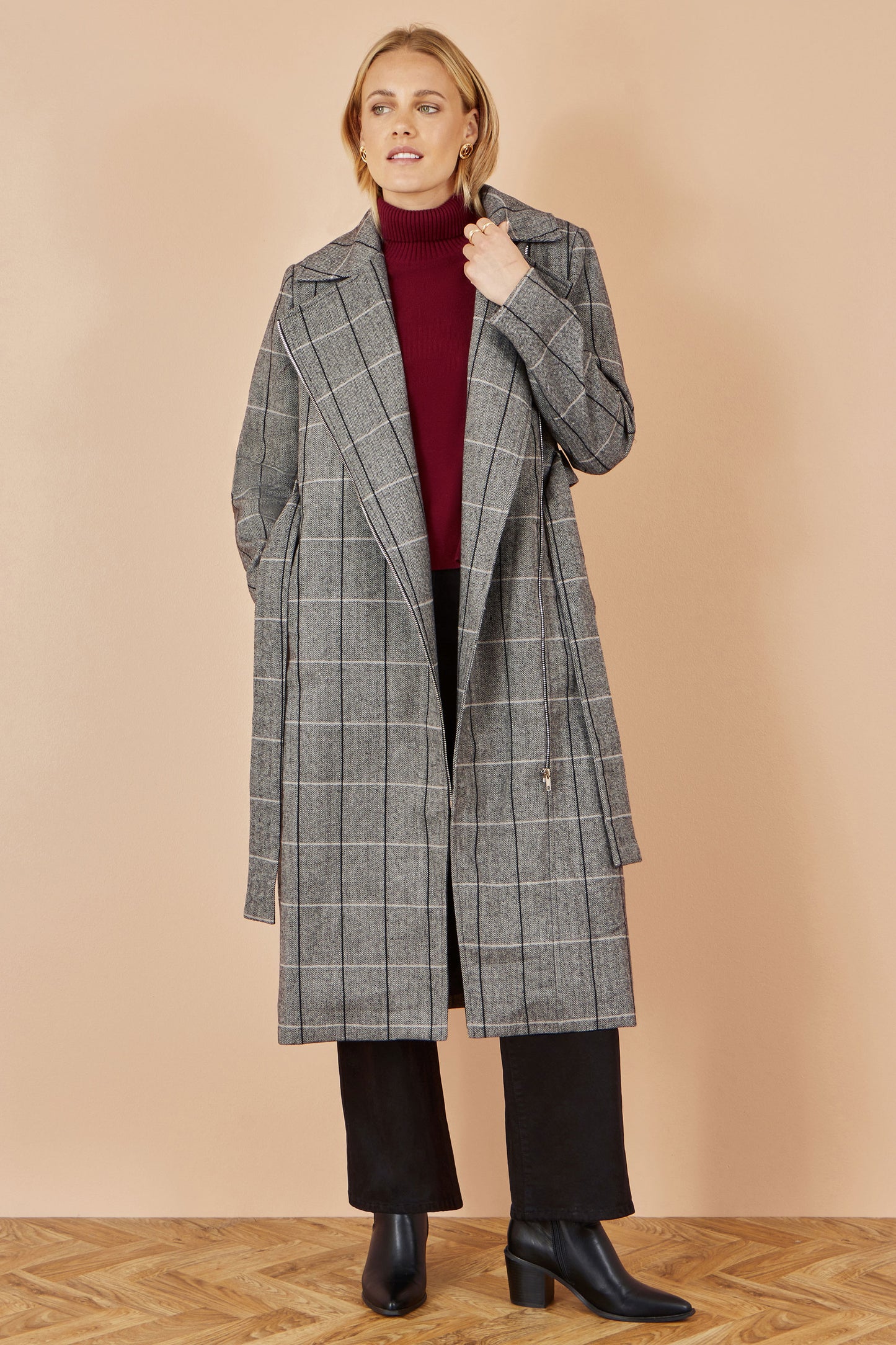 Yumi Grey Check Oversize Long Biker Coat COAT Yumi