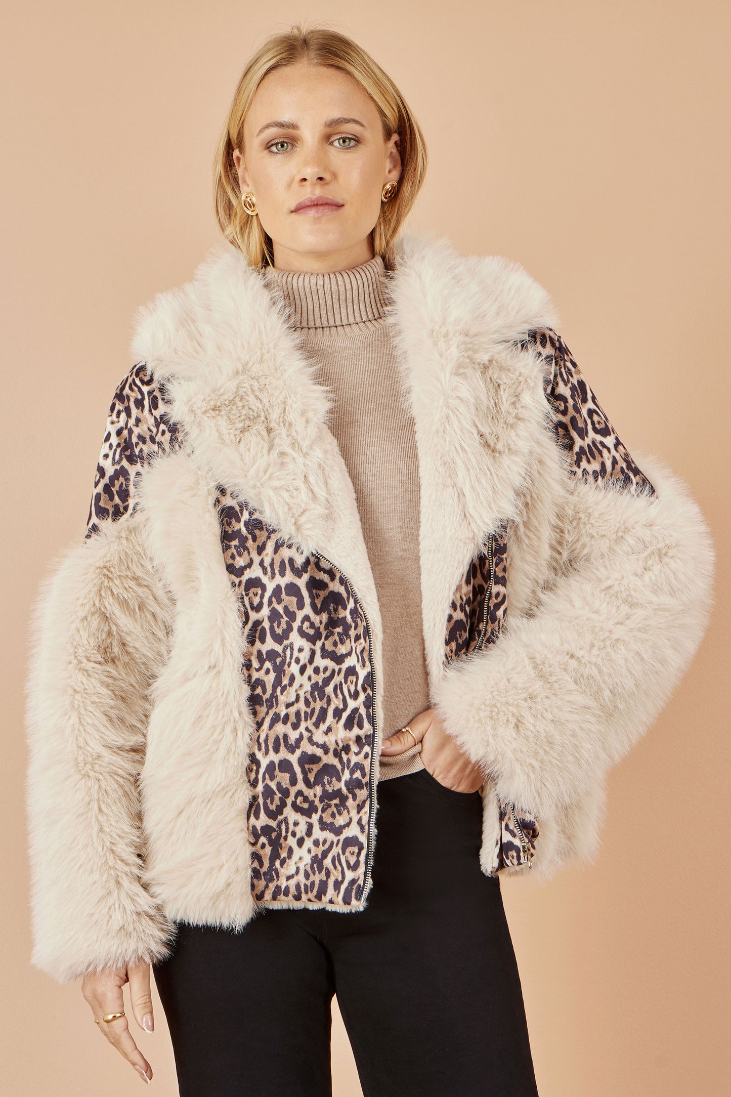 Yumi Cream Fur Biker Jacket With Leopard Print JACKET Yumi