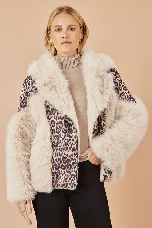 Yumi Cream Fur Biker Jacket With Leopard Print JACKET Yumi