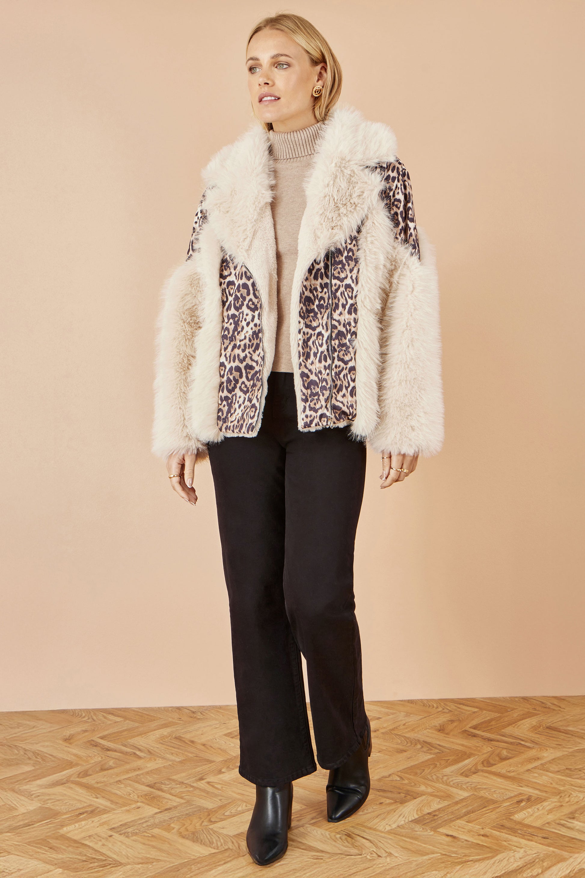 Yumi Cream Fur Biker Jacket With Leopard Print JACKET Yumi