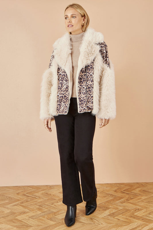 Yumi Cream Fur Biker Jacket With Leopard Print JACKET Yumi