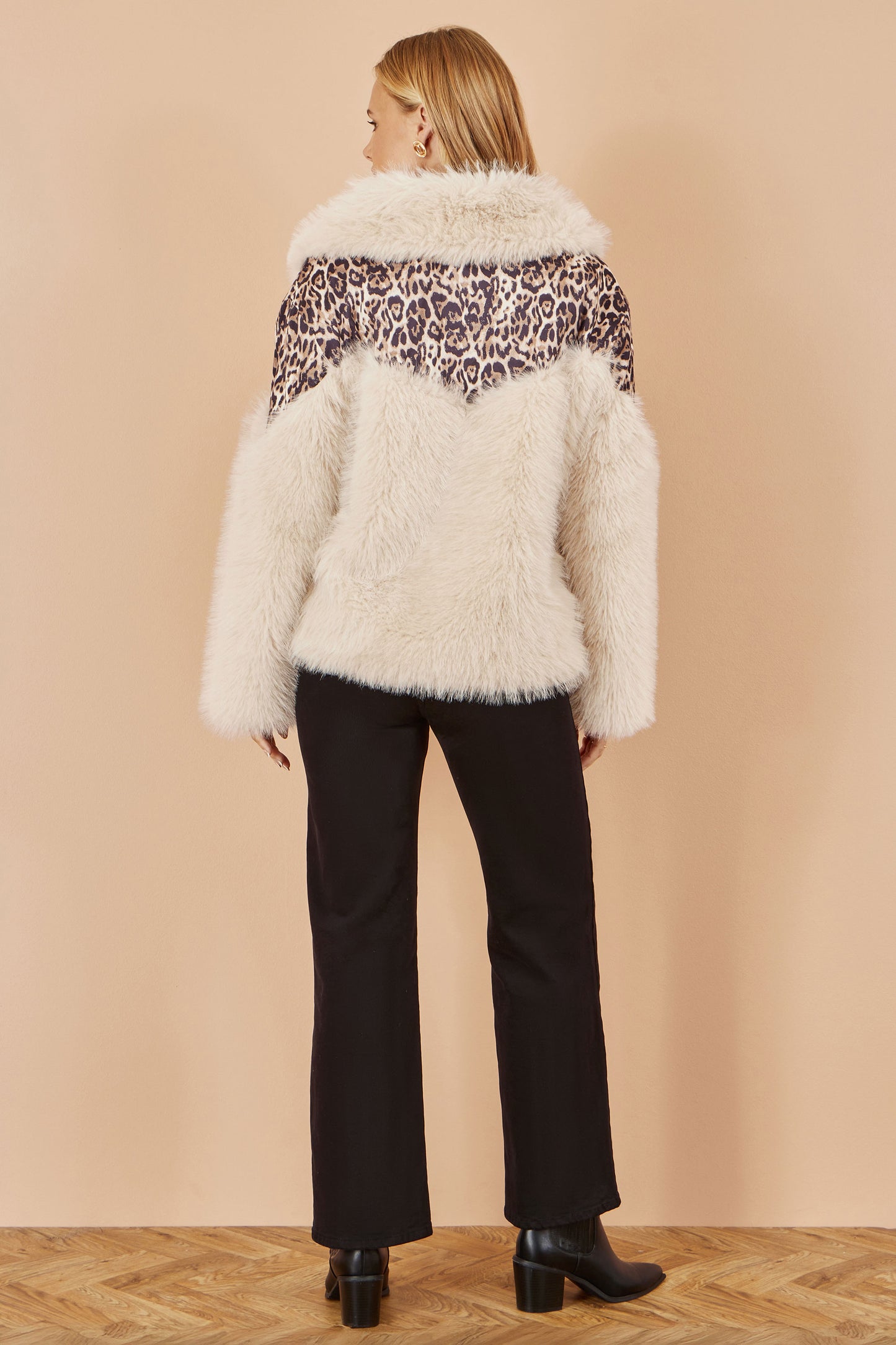 Yumi Cream Fur Biker Jacket With Leopard Print JACKET Yumi