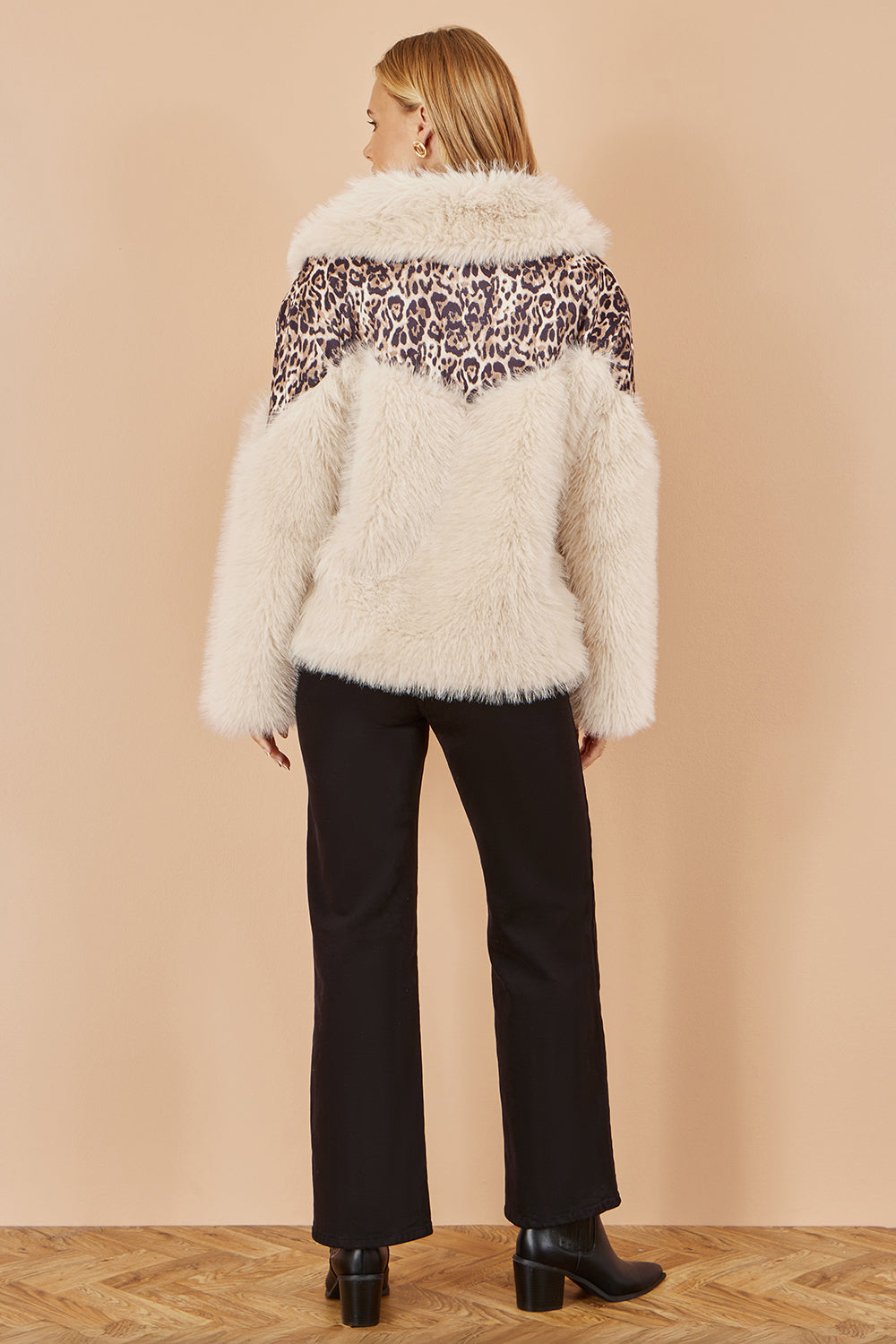 Yumi Cream Fur Biker Jacket With Leopard Print JACKET Yumi