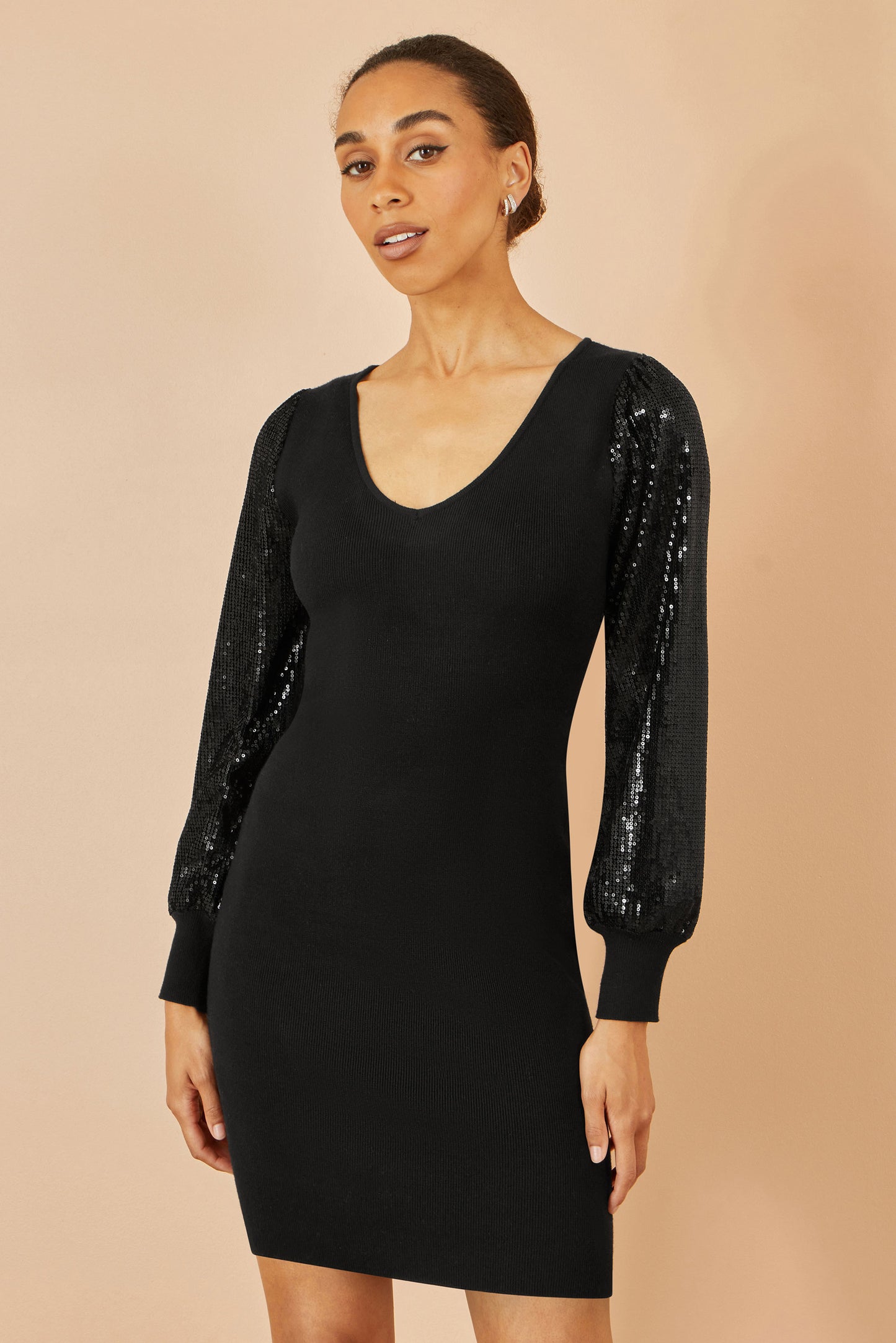 Yumi Black Knitted Fitted Dress With Sequin Sleeves Knit Dress Yumi
