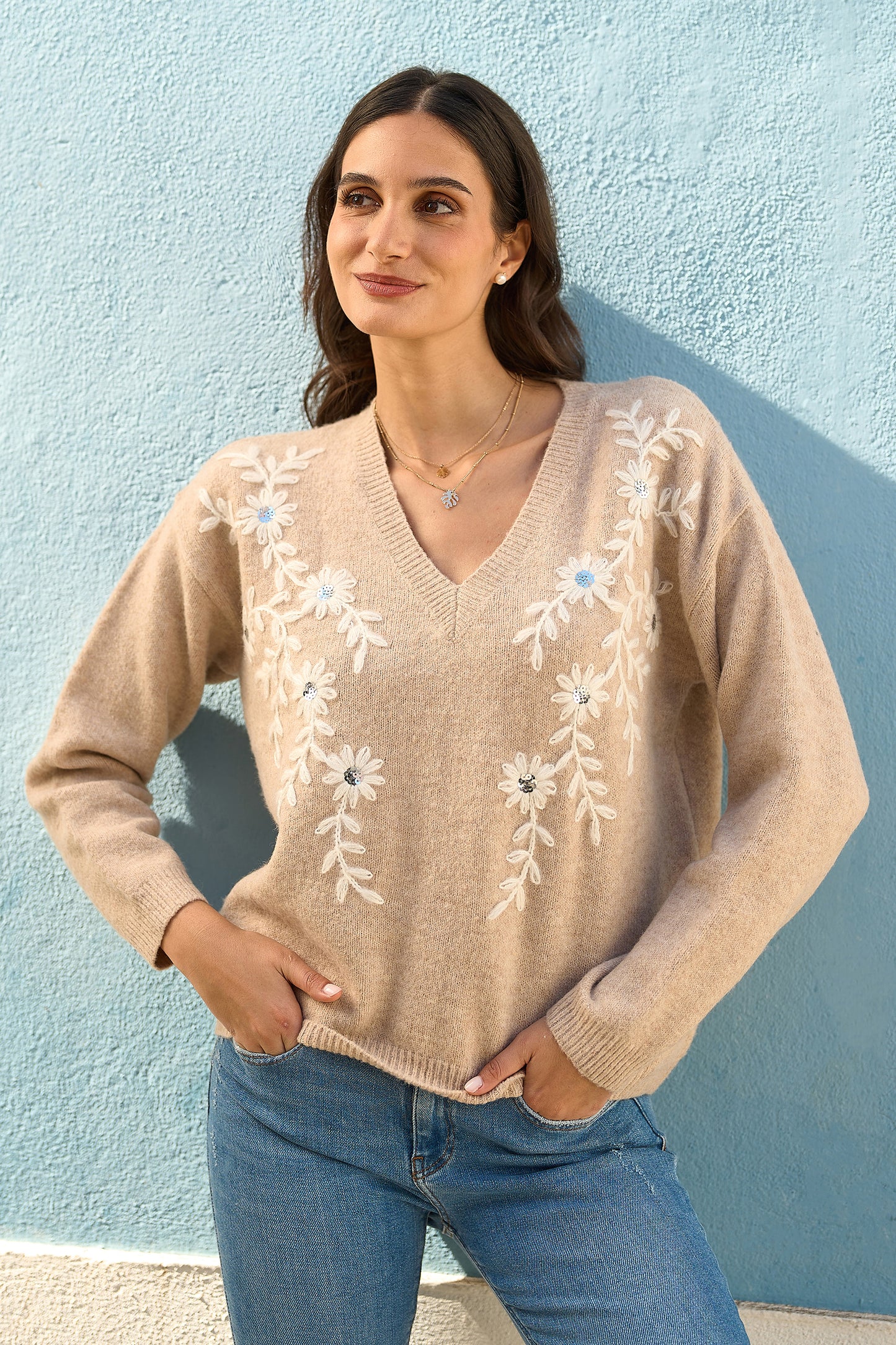 Yumi Oatmeal Floral Embroidered V Neck Relaxed Knitted Jumper Knit Jumper Yumi