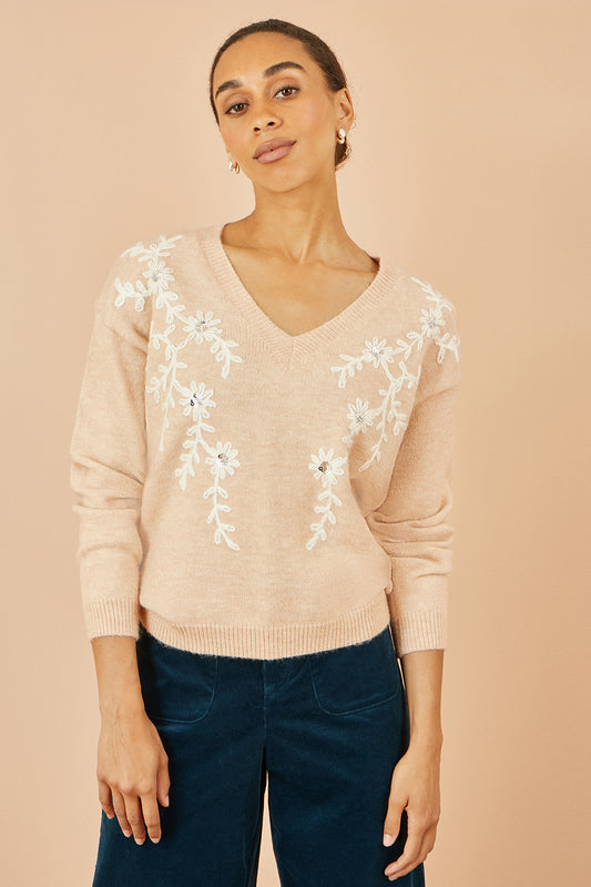 Yumi Oatmeal Floral Embroidered V Neck Relaxed Knitted Jumper Knit Jumper Yumi