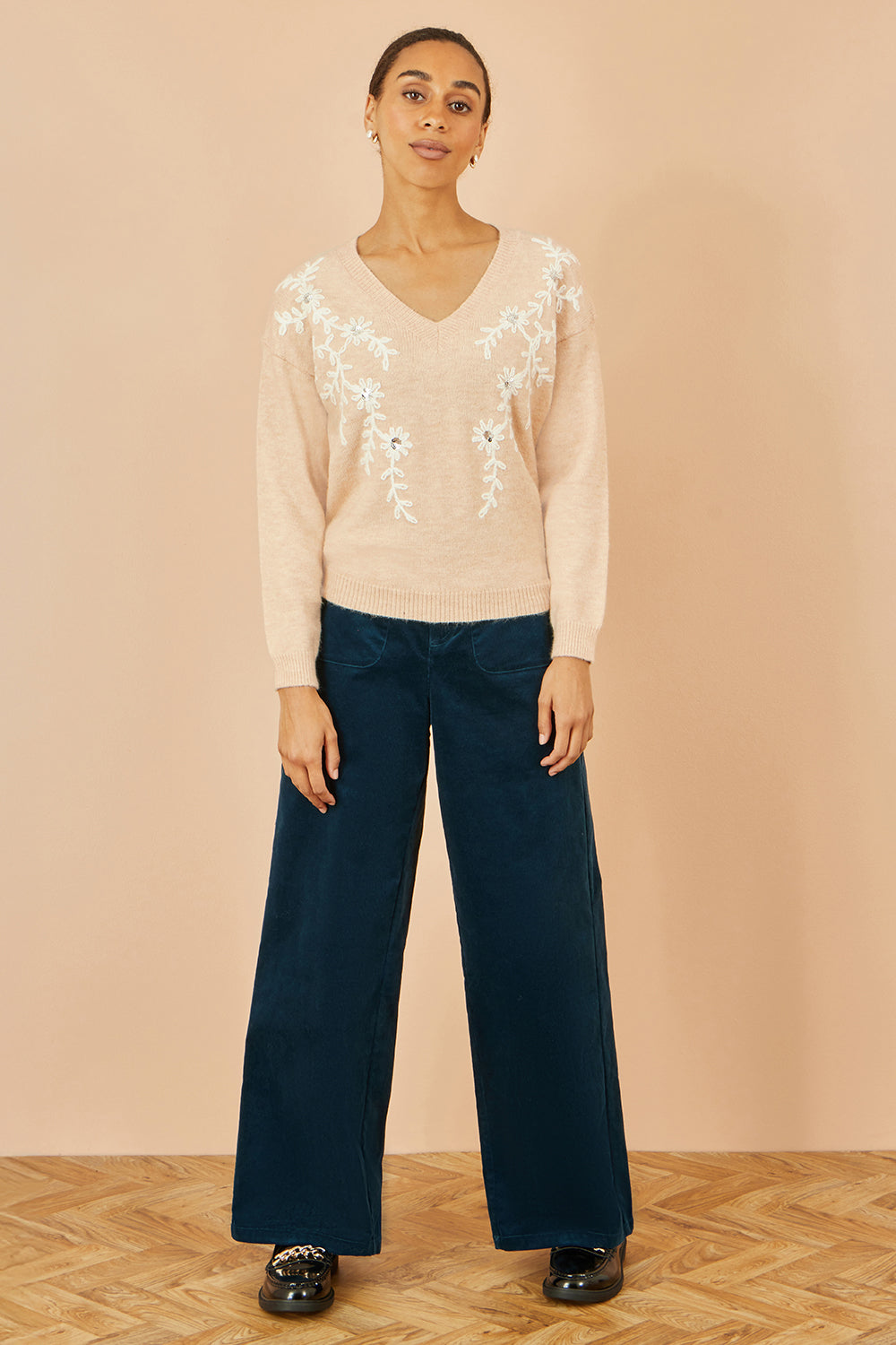 Yumi Oatmeal Floral Embroidered V Neck Relaxed Knitted Jumper | Yumi