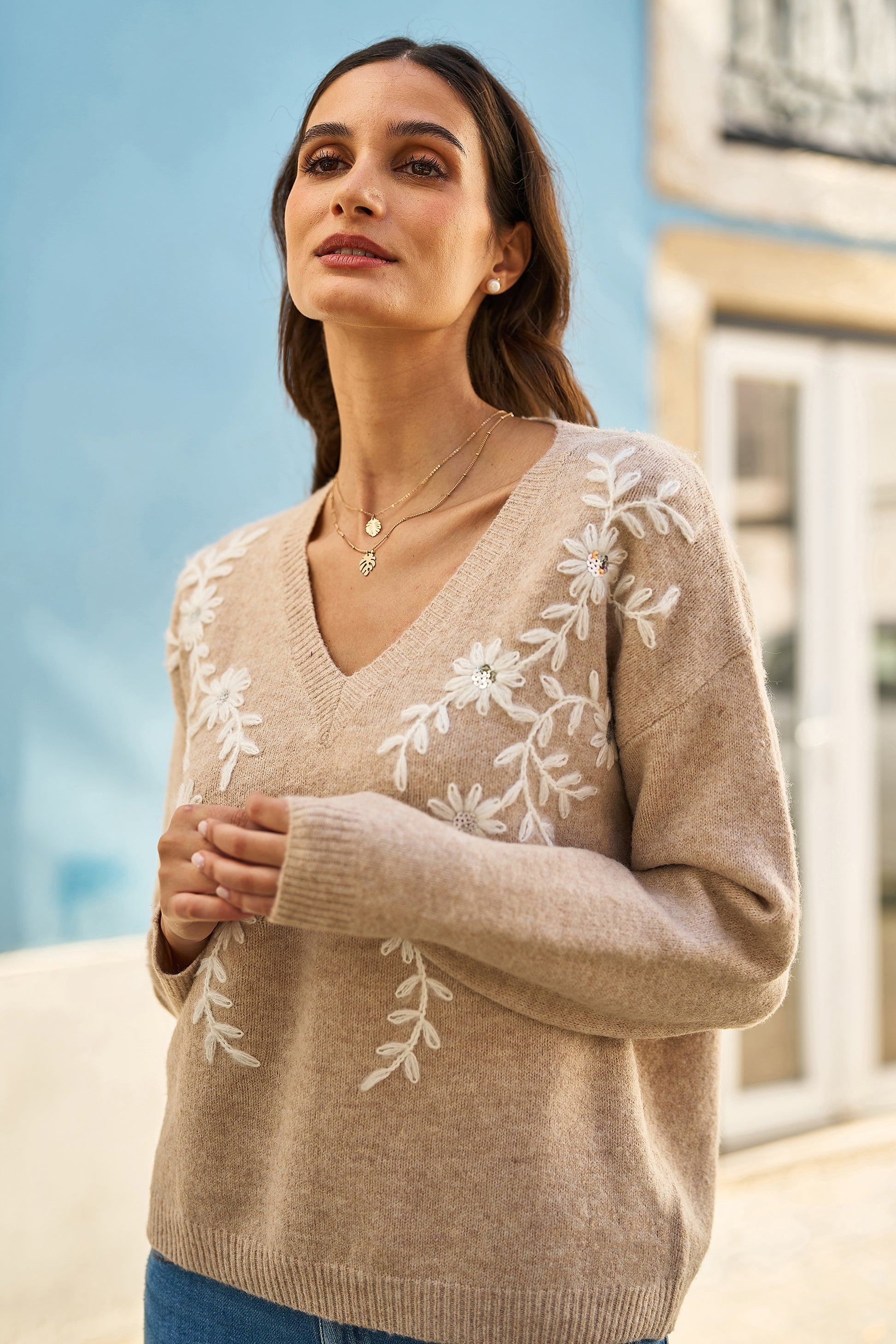 Yumi Oatmeal Floral Embroidered V Neck Relaxed Knitted Jumper Knit Jumper Yumi