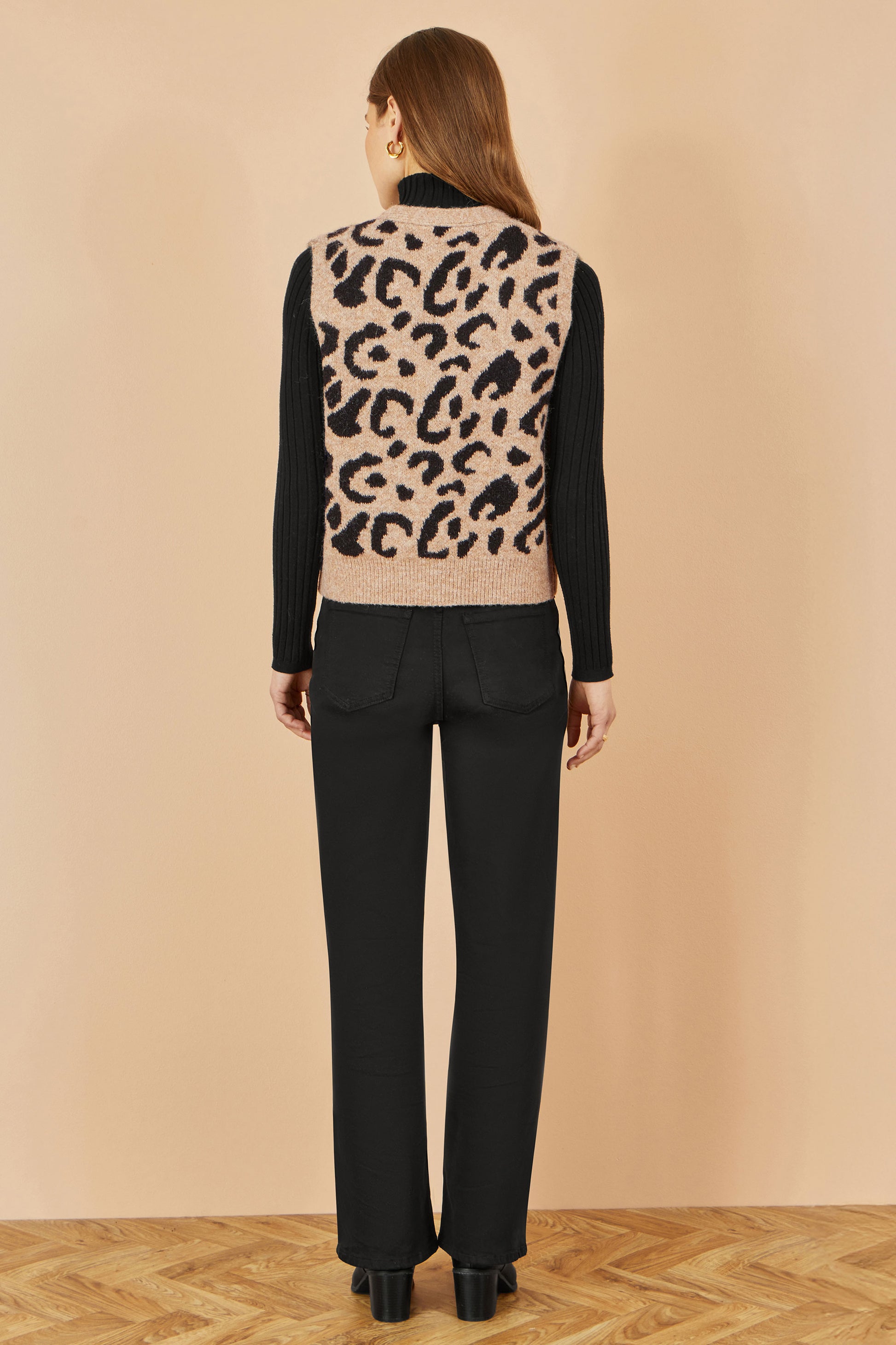 Yumi Beige Animal Print Intarsia Tie Front Waistcoat Knit Pullover Yumi