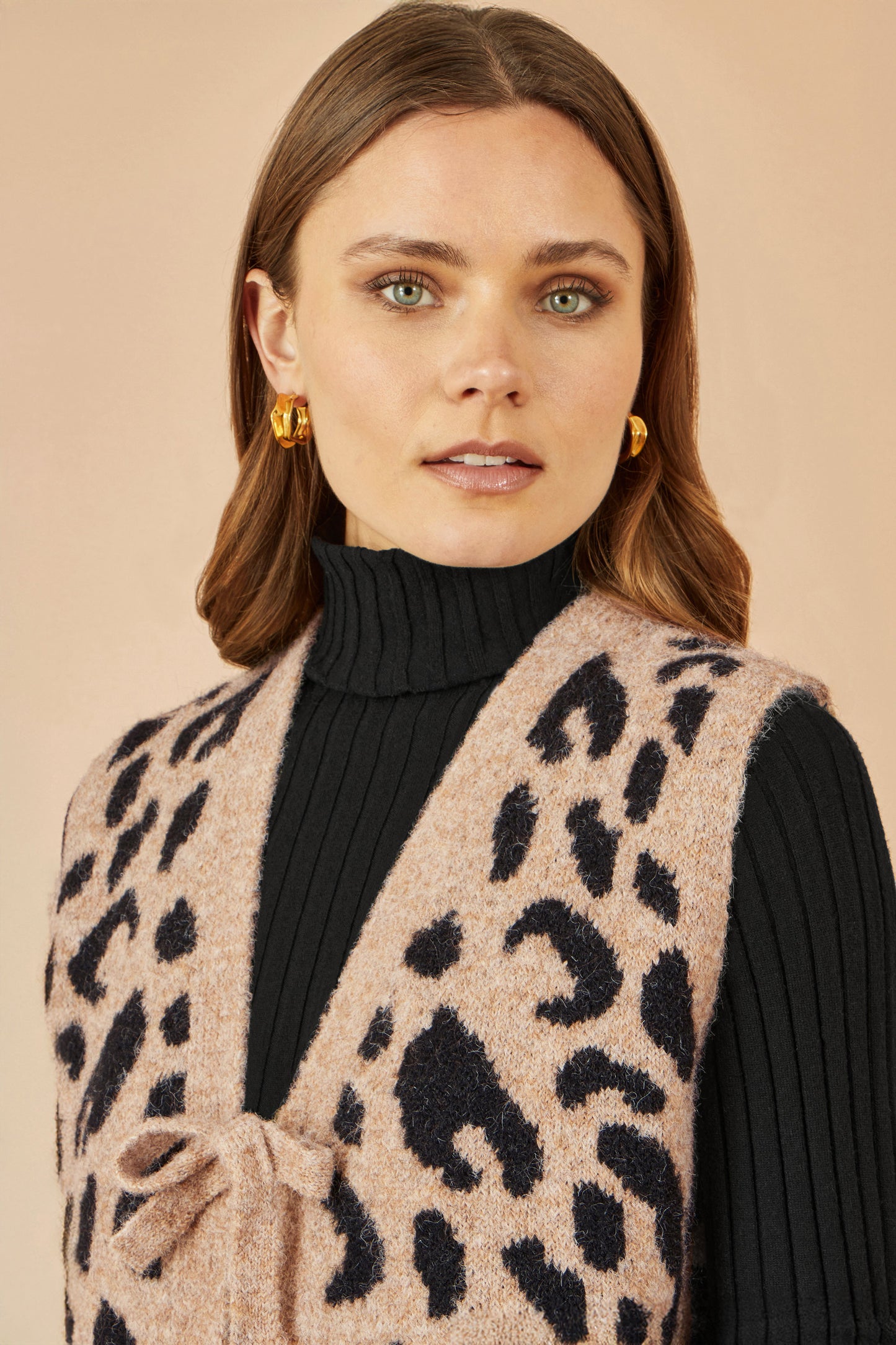 Yumi Beige Animal Print Intarsia Tie Front Waistcoat Knit Pullover Yumi