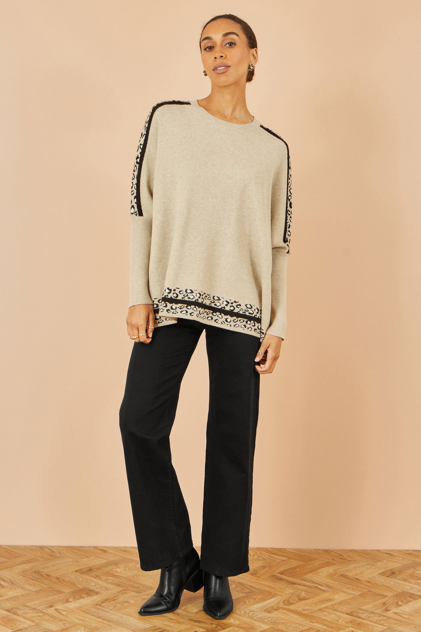 Yumi Oatmeal Leopard Print Border Relaxed Fit Jumper Knit Jumper Yumi