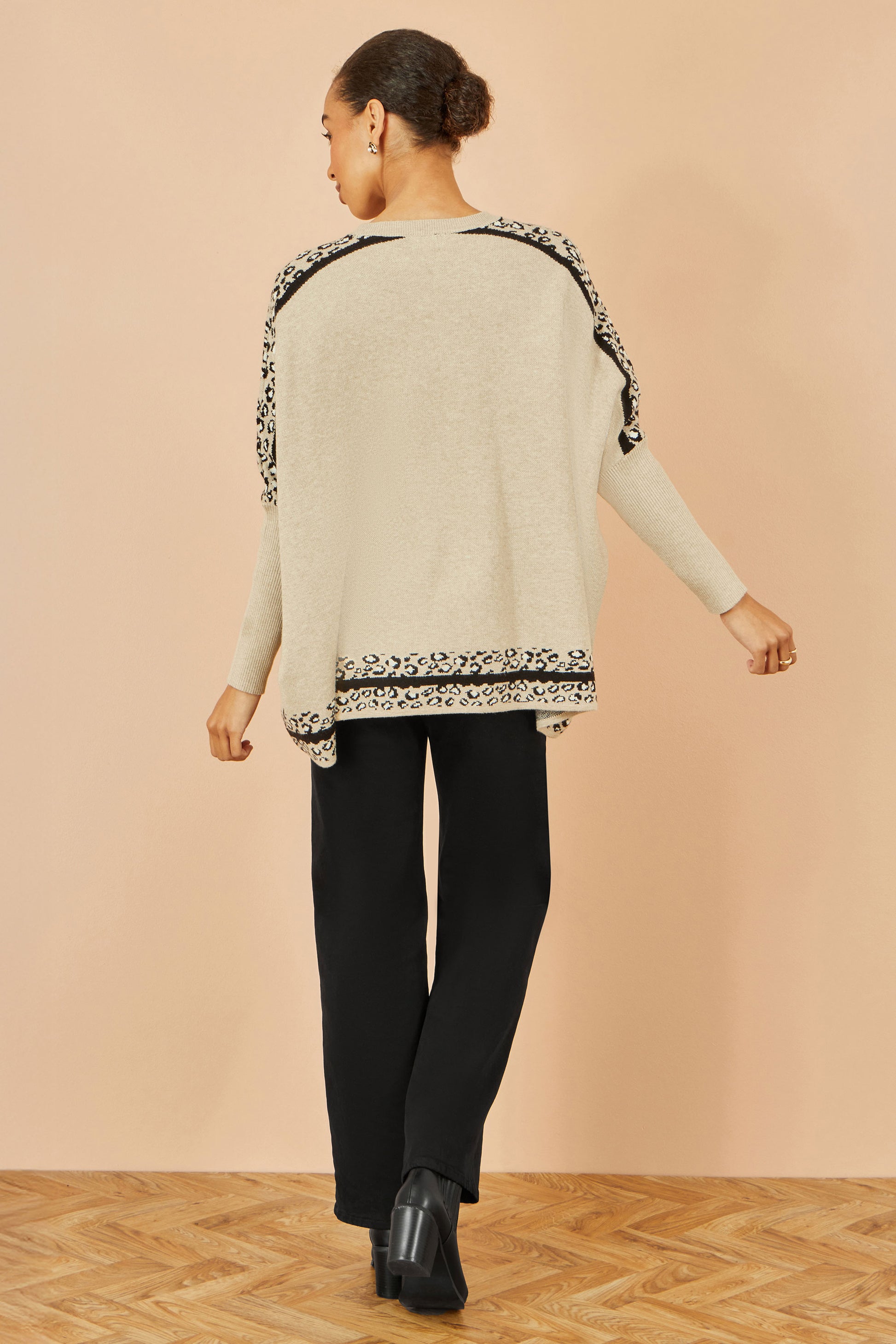 Yumi Oatmeal Leopard Print Border Relaxed Fit Jumper Knit Jumper Yumi