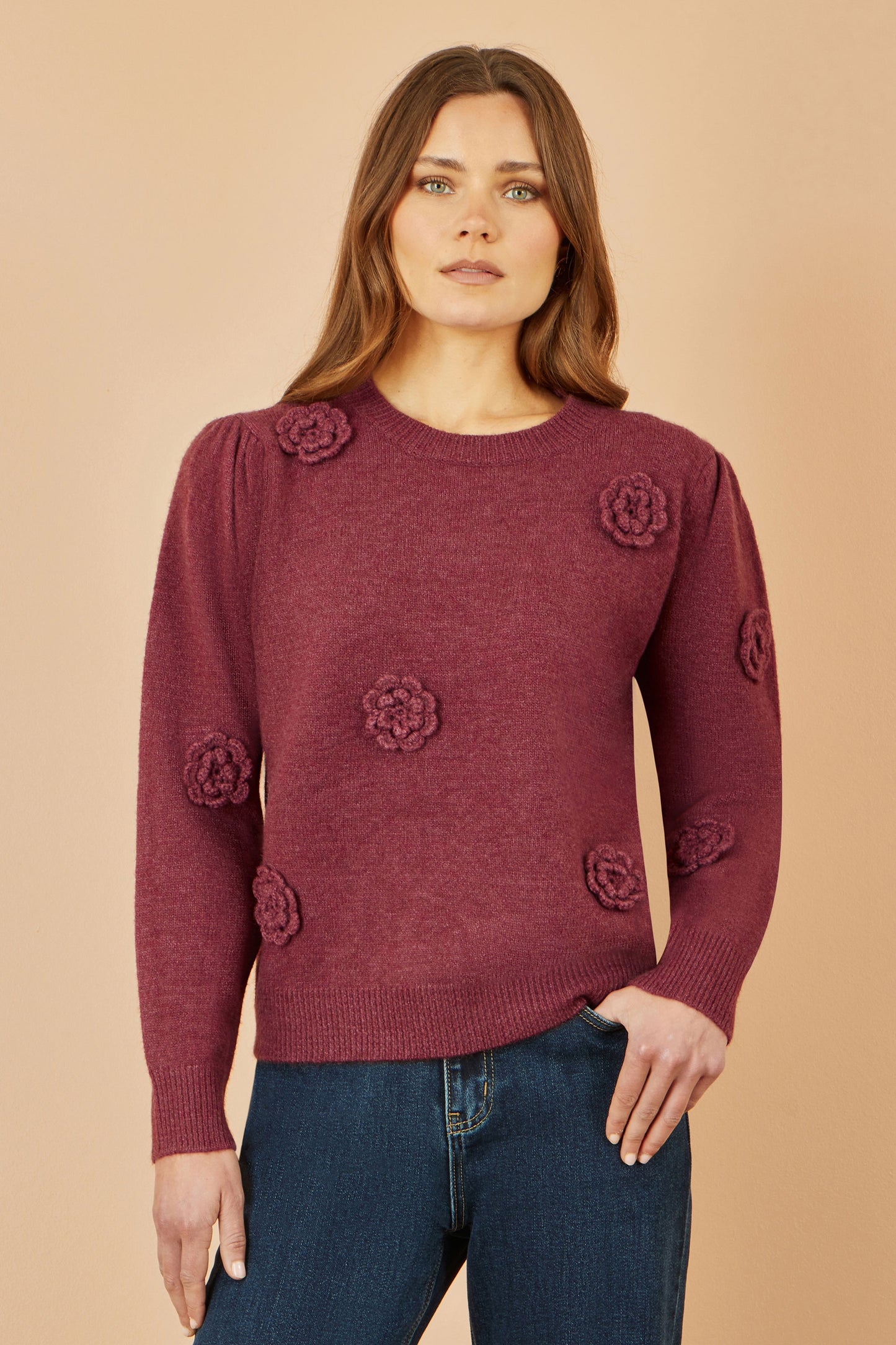 Yumi Burgundy Knitted Jumper With Crochet Flowers Knit Jumper Yumi
