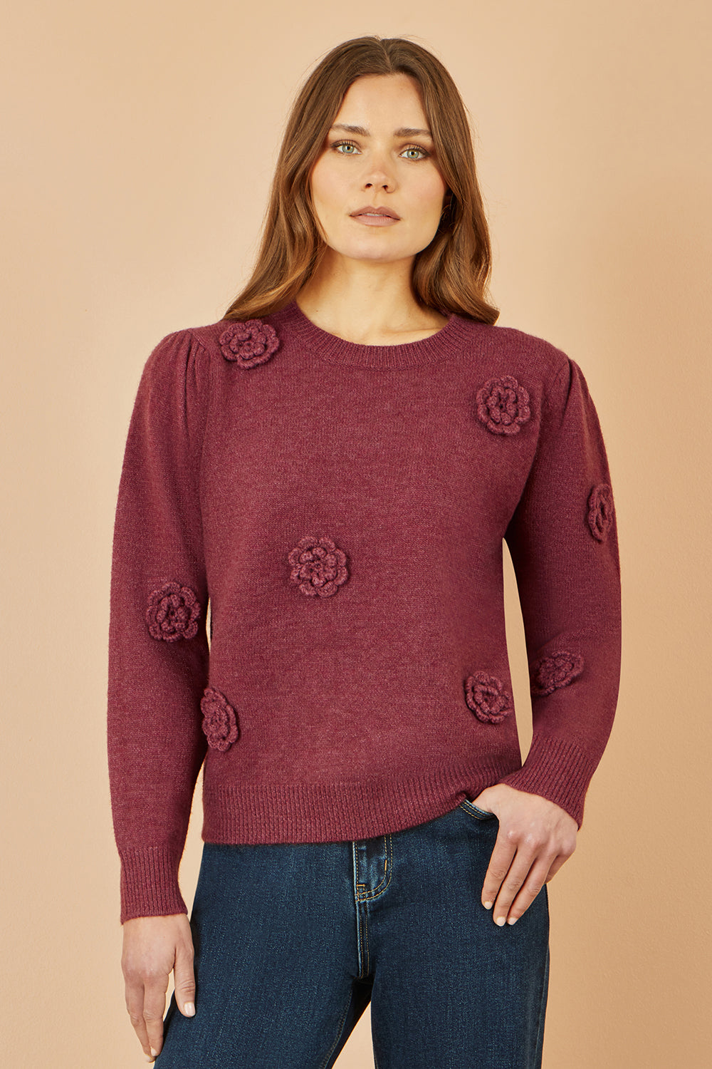 Yumi Burgundy Knitted Jumper With Crochet Flowers Knit Jumper Yumi