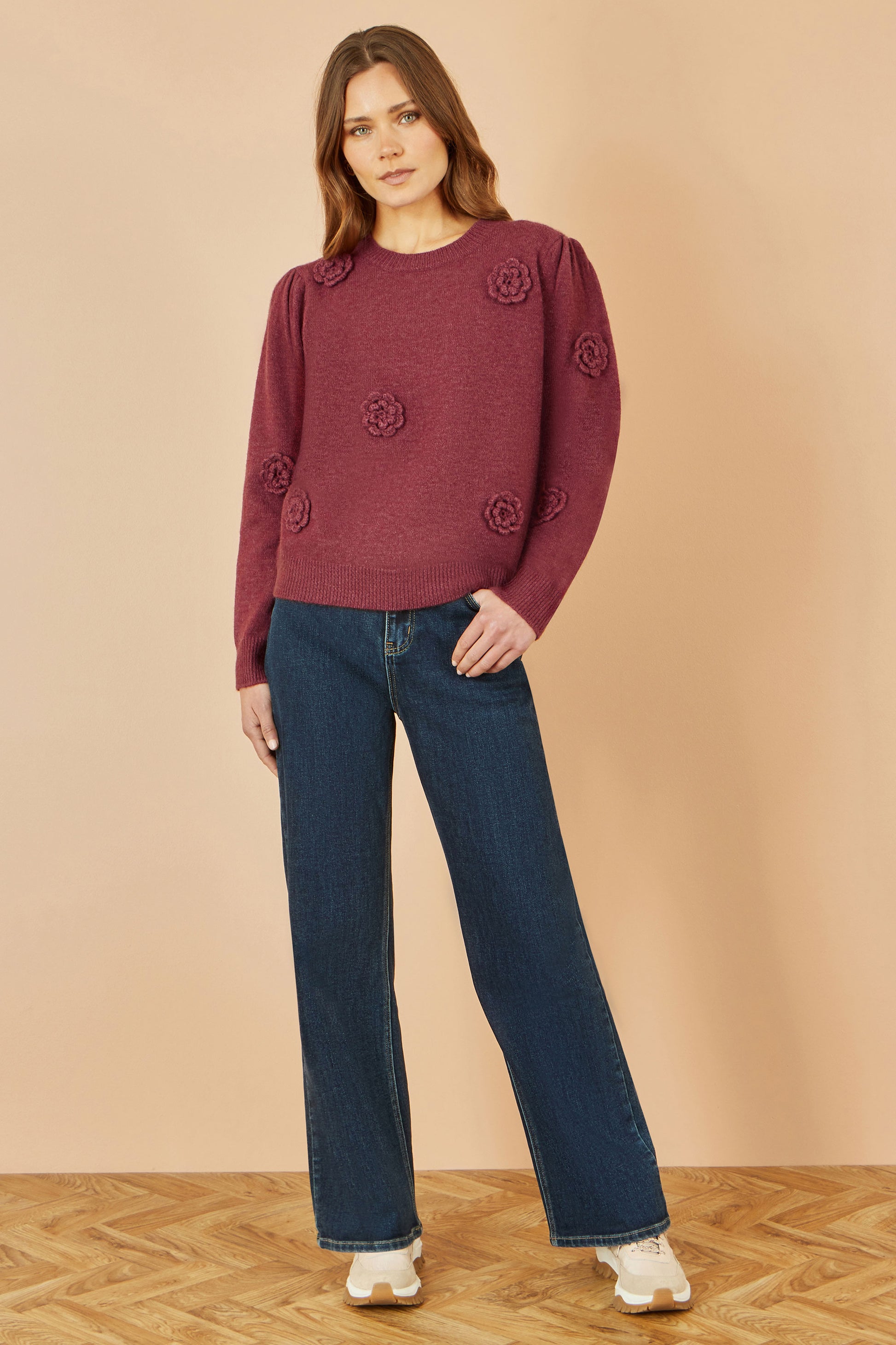 Yumi Burgundy Knitted Jumper With Crochet Flowers Knit Jumper Yumi