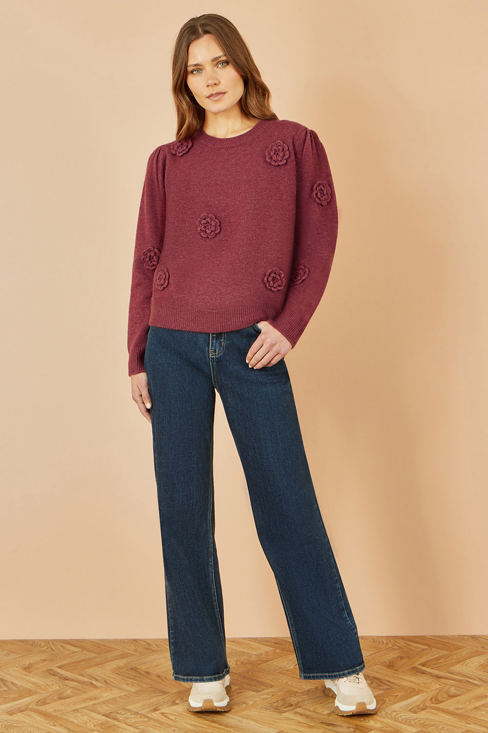 Yumi Burgundy Knitted Jumper With Crochet Flowers Knit Jumper Yumi