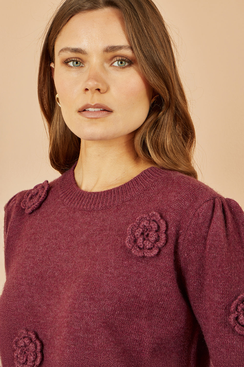 Yumi Burgundy Knitted Jumper With Crochet Flowers Knit Jumper Yumi
