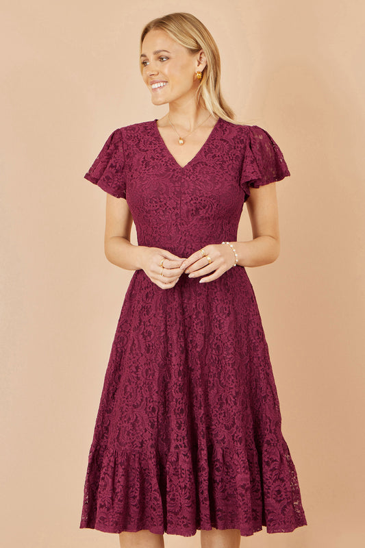 Yumi Burgundy Stretch Lace Puff Sleeve Midi Dress Dress Occasion Yumi