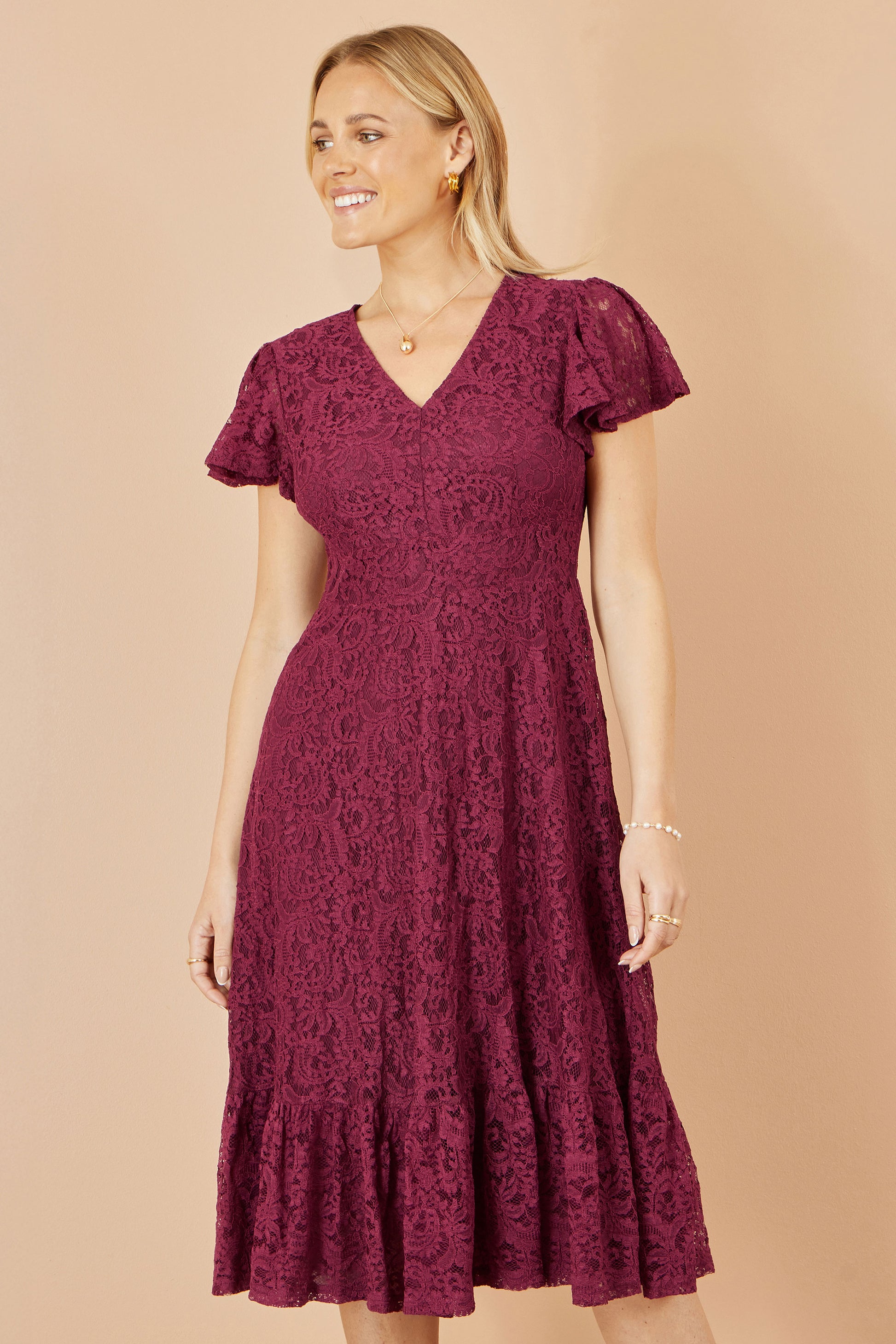 Yumi Burgundy Stretch Lace Puff Sleeve Midi Dress Dress Occasion Yumi