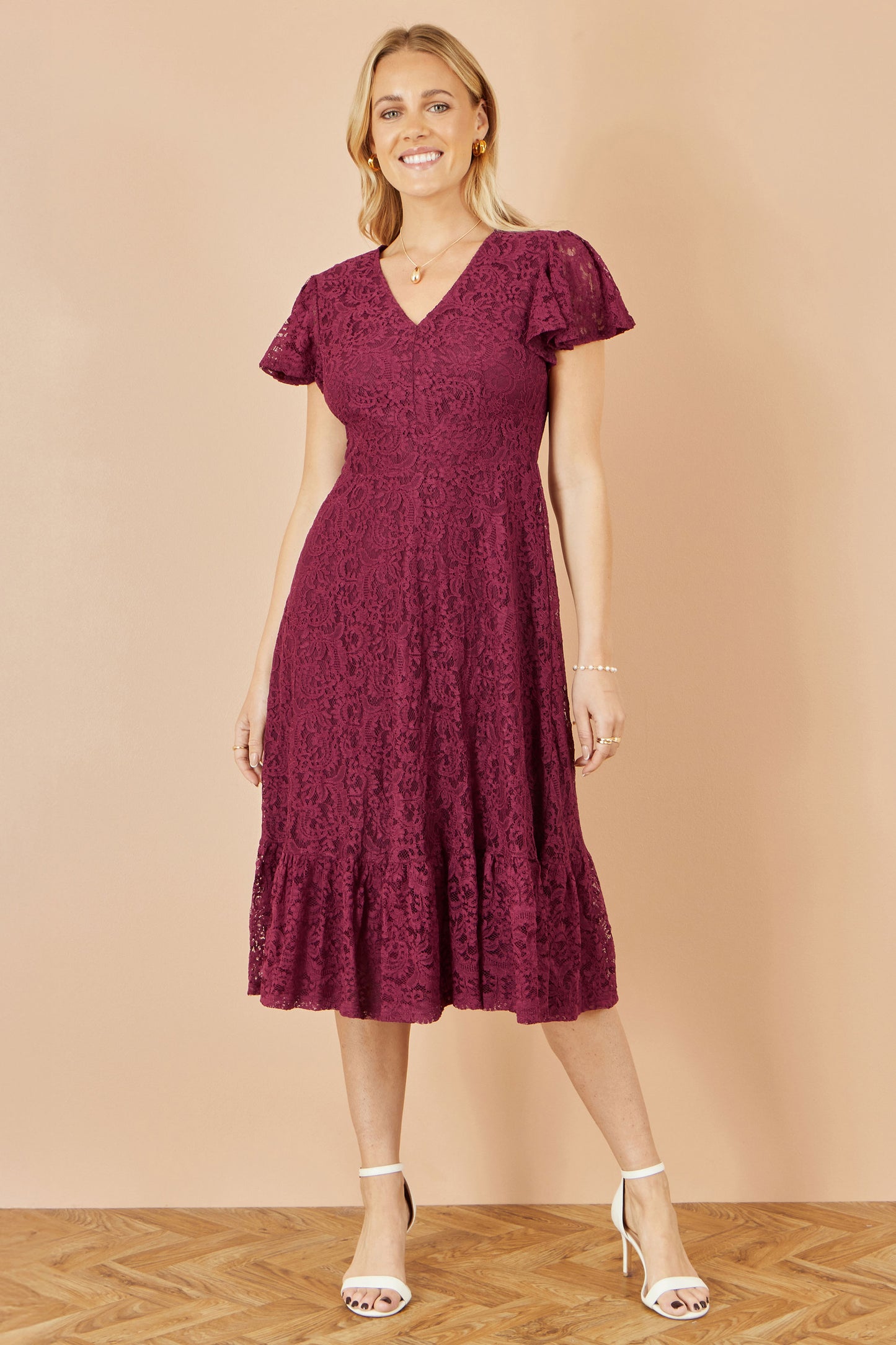 Yumi Burgundy Stretch Lace Puff Sleeve Midi Dress Dress Occasion Yumi