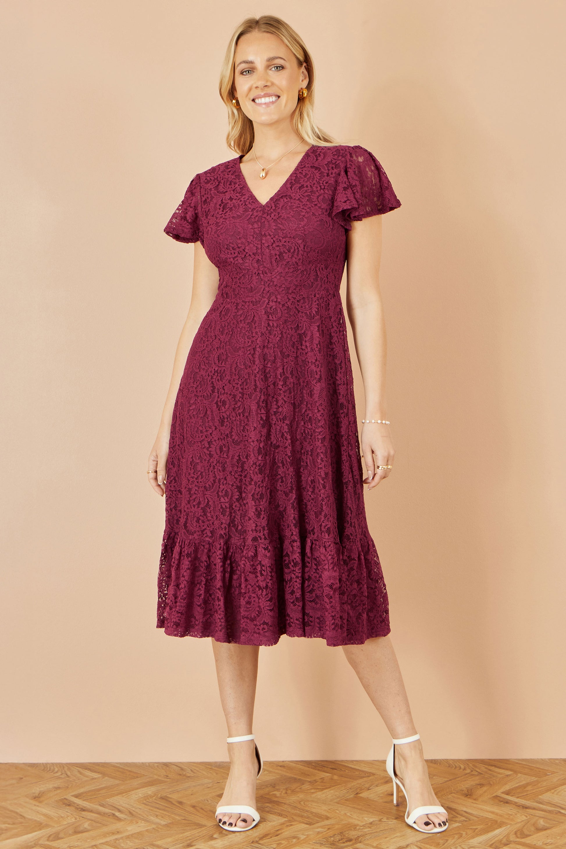 Yumi Burgundy Stretch Lace Puff Sleeve Midi Dress Dress Occasion Yumi