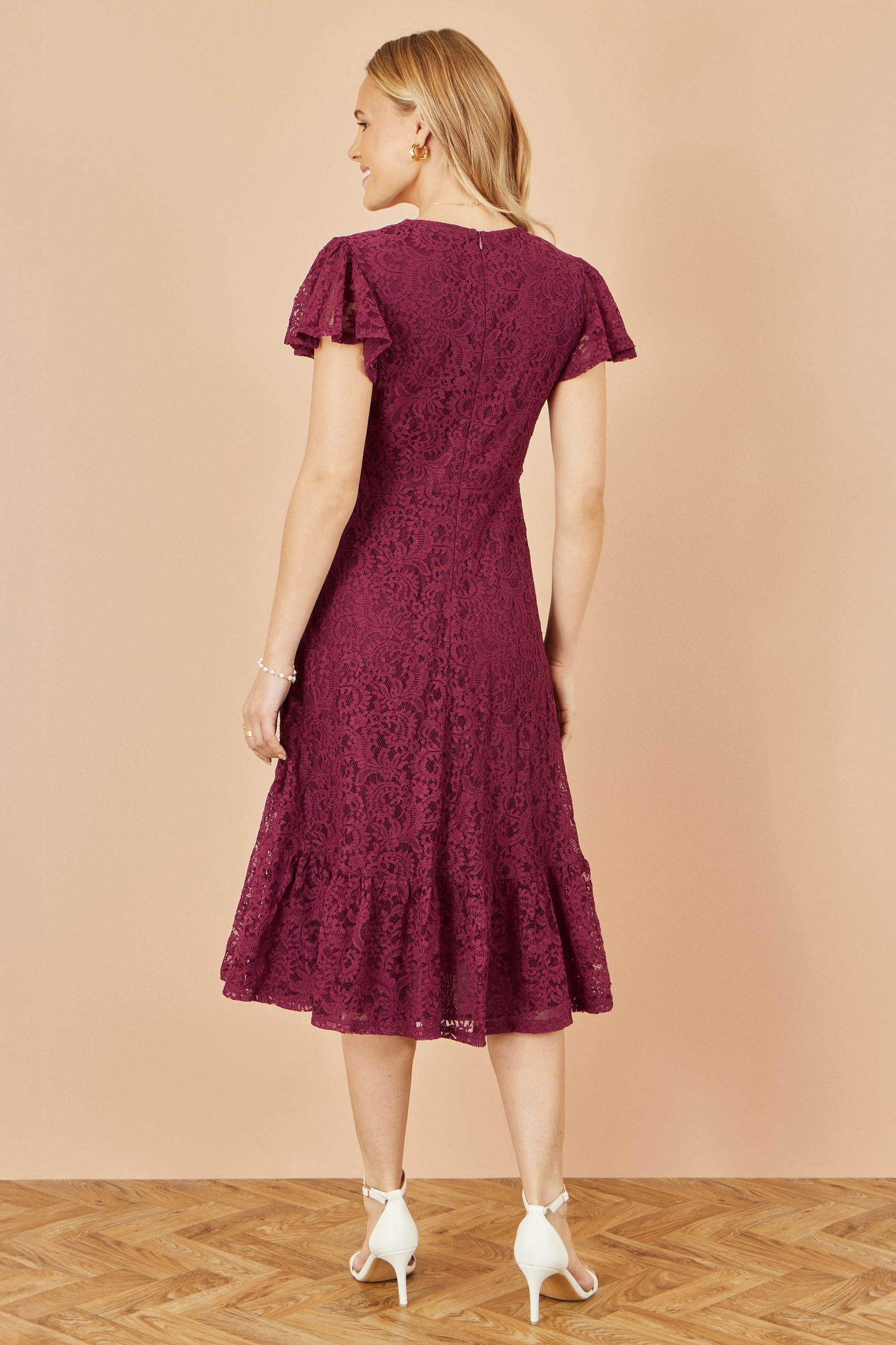 Yumi Burgundy Stretch Lace Puff Sleeve Midi Dress Dress Occasion Yumi
