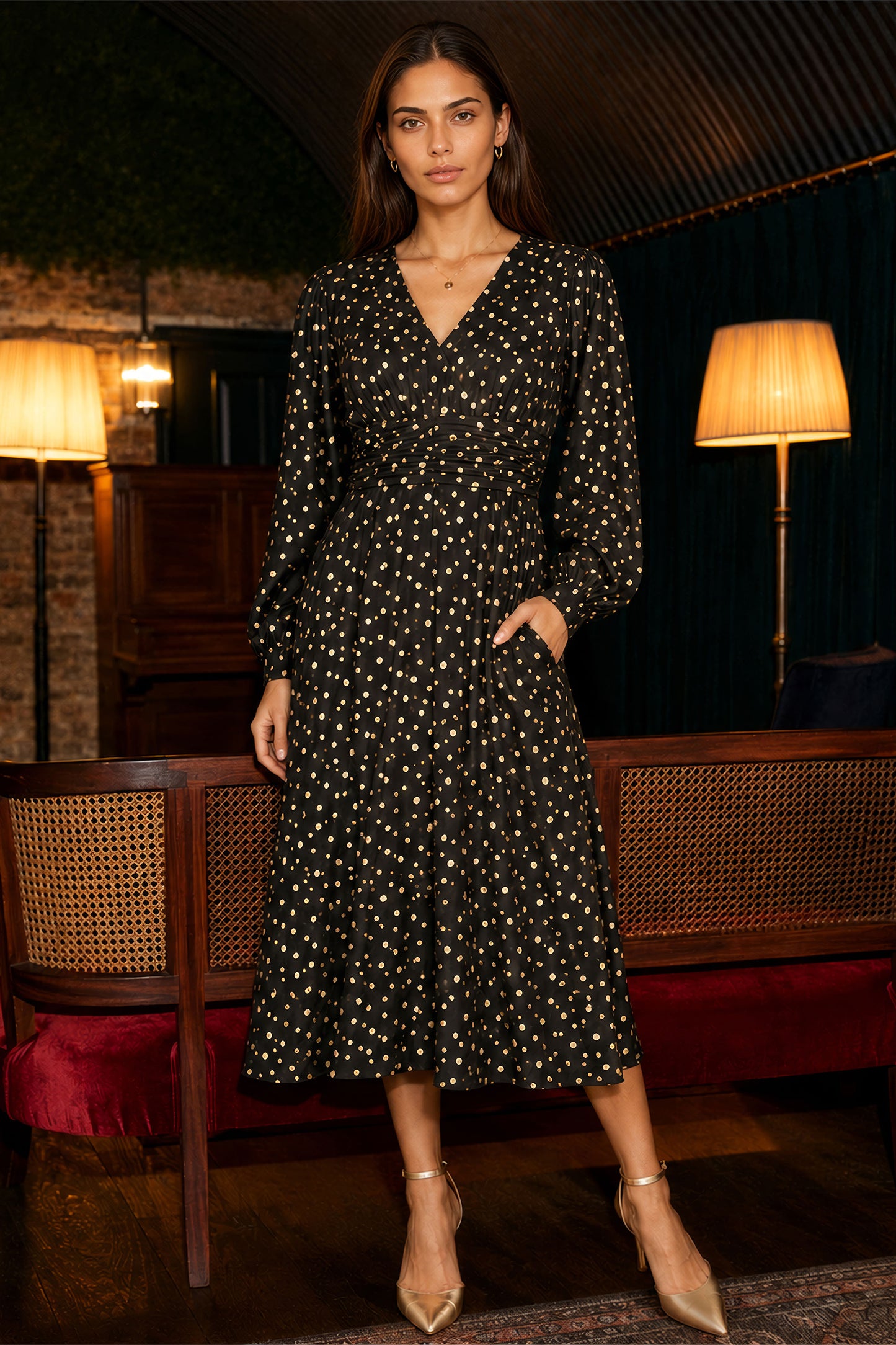 Yumi Black Foil Print Midi Dress Dress Party Yumi