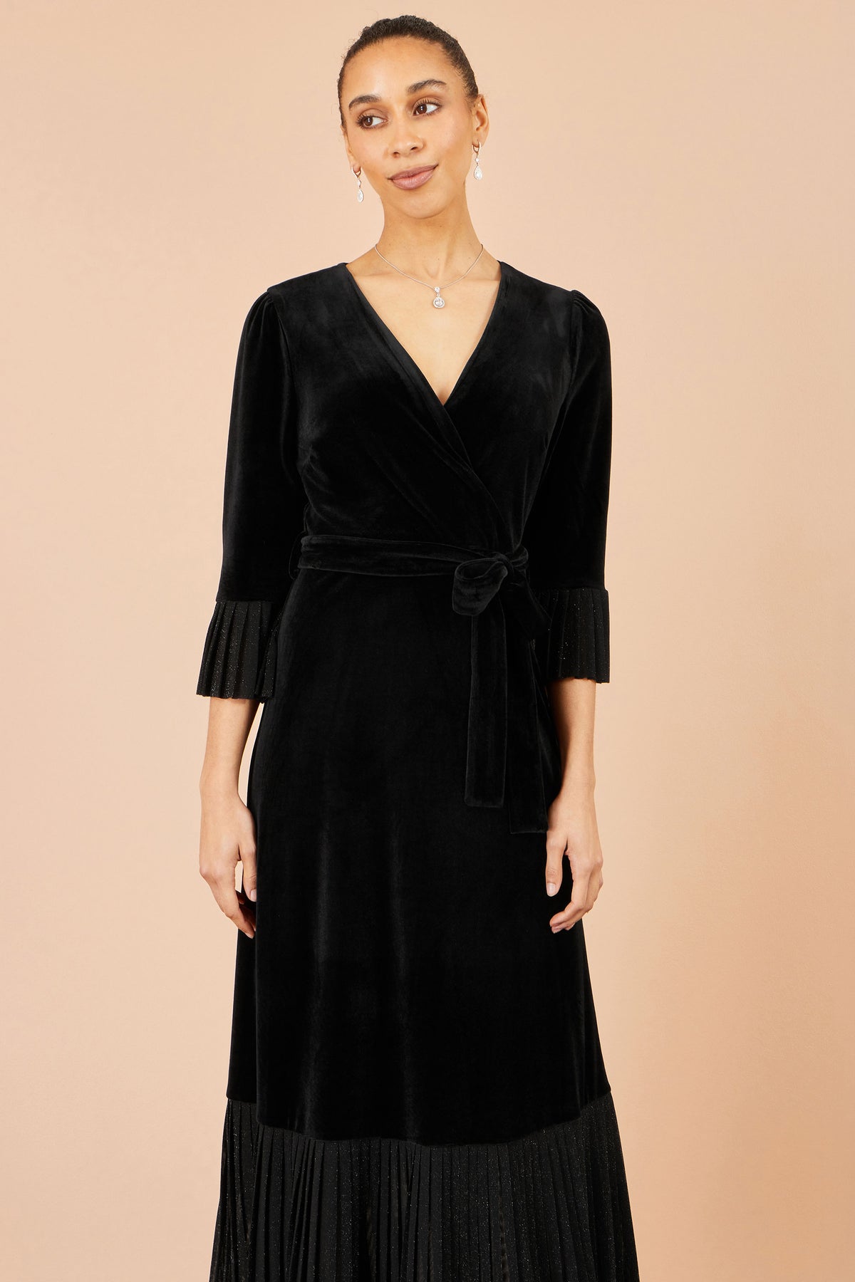 Yumi Black Velvet Midi Pleat Detail Wrap Dress Dress Party Yumi