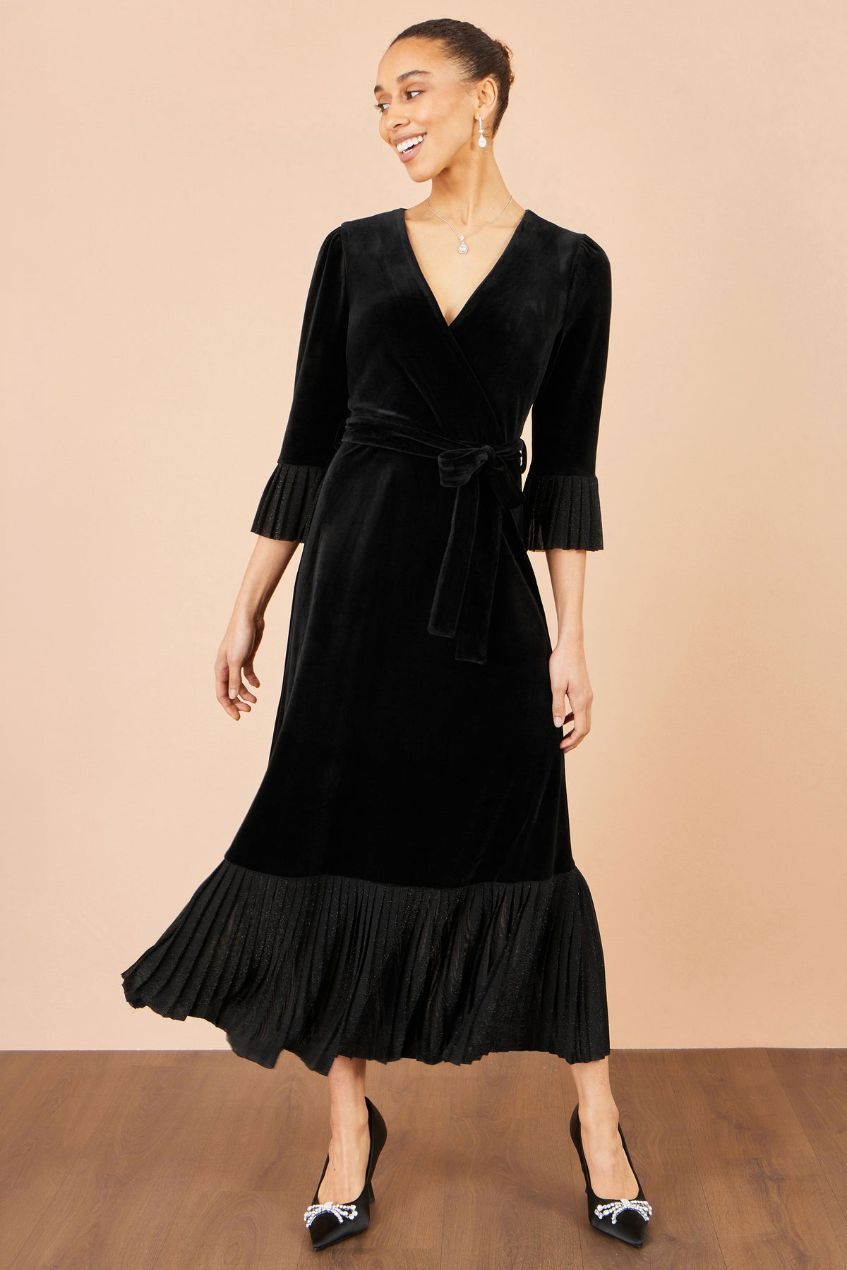 Yumi Black Velvet Midi Pleat Detail Wrap Dress Dress Party Yumi