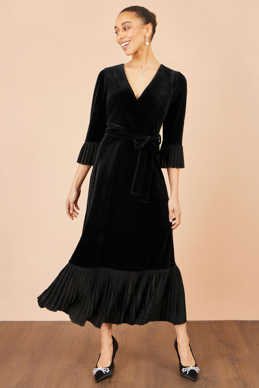 Yumi Black Velvet Midi Pleat Detail Wrap Dress Dress Party Yumi