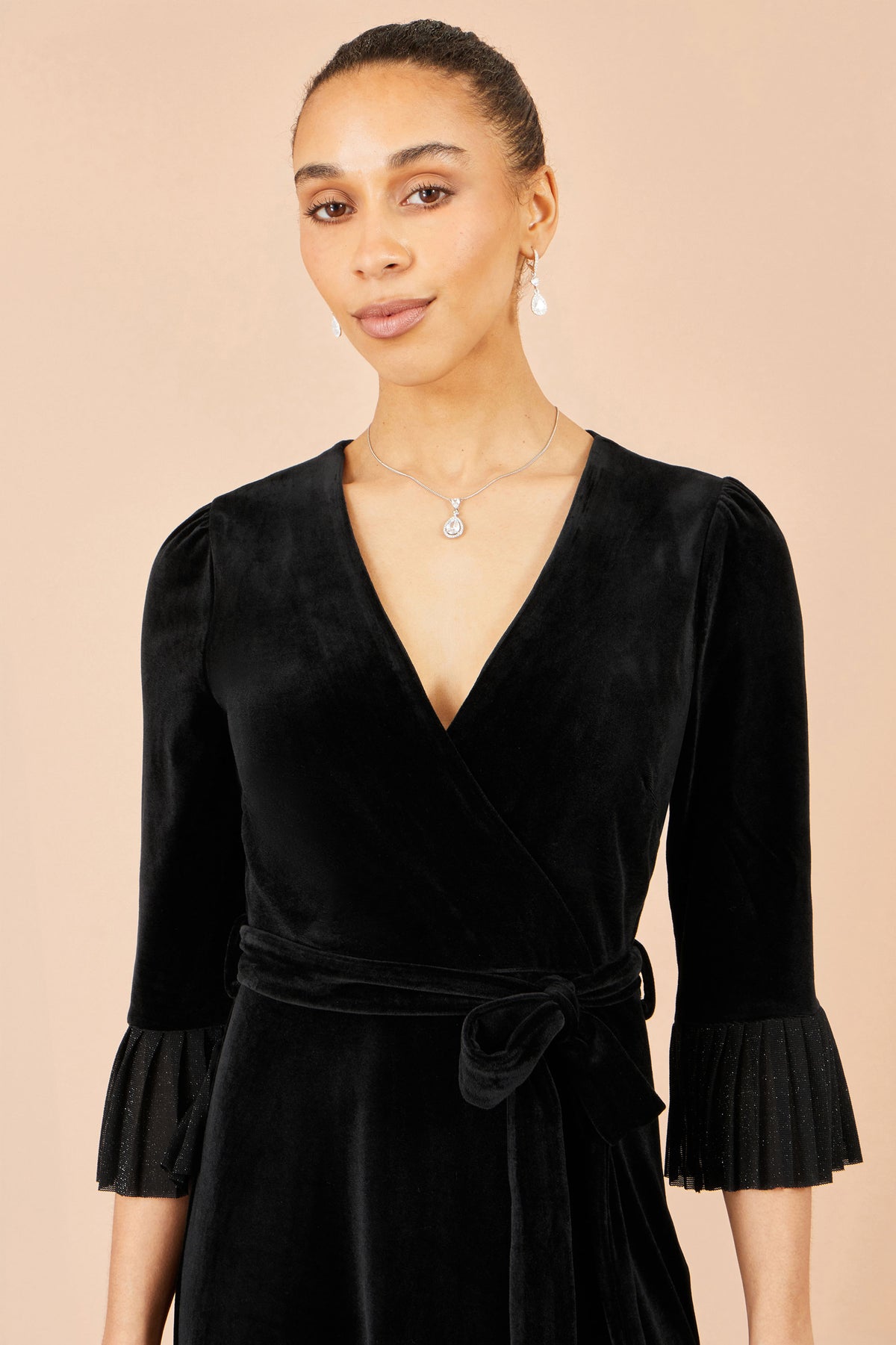 Yumi Black Velvet Midi Pleat Detail Wrap Dress Dress Party Yumi