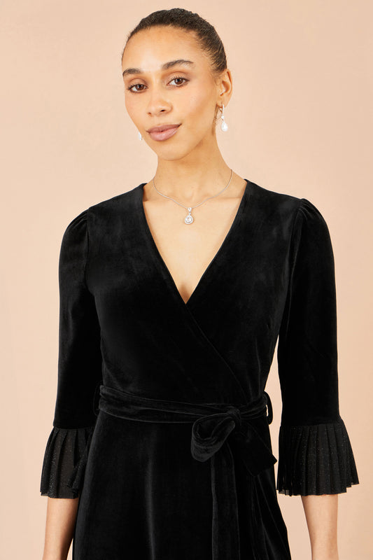 Yumi Black Velvet Midi Pleat Detail Wrap Dress Dress Party Yumi