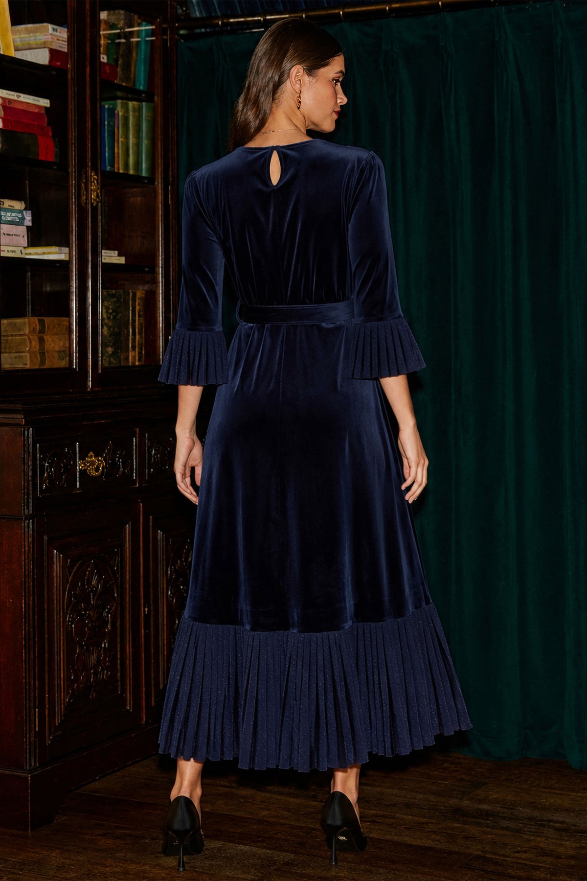 Yumi Navy Velvet Midi Pleat Detail Wrap Dress DRES Party Yumi