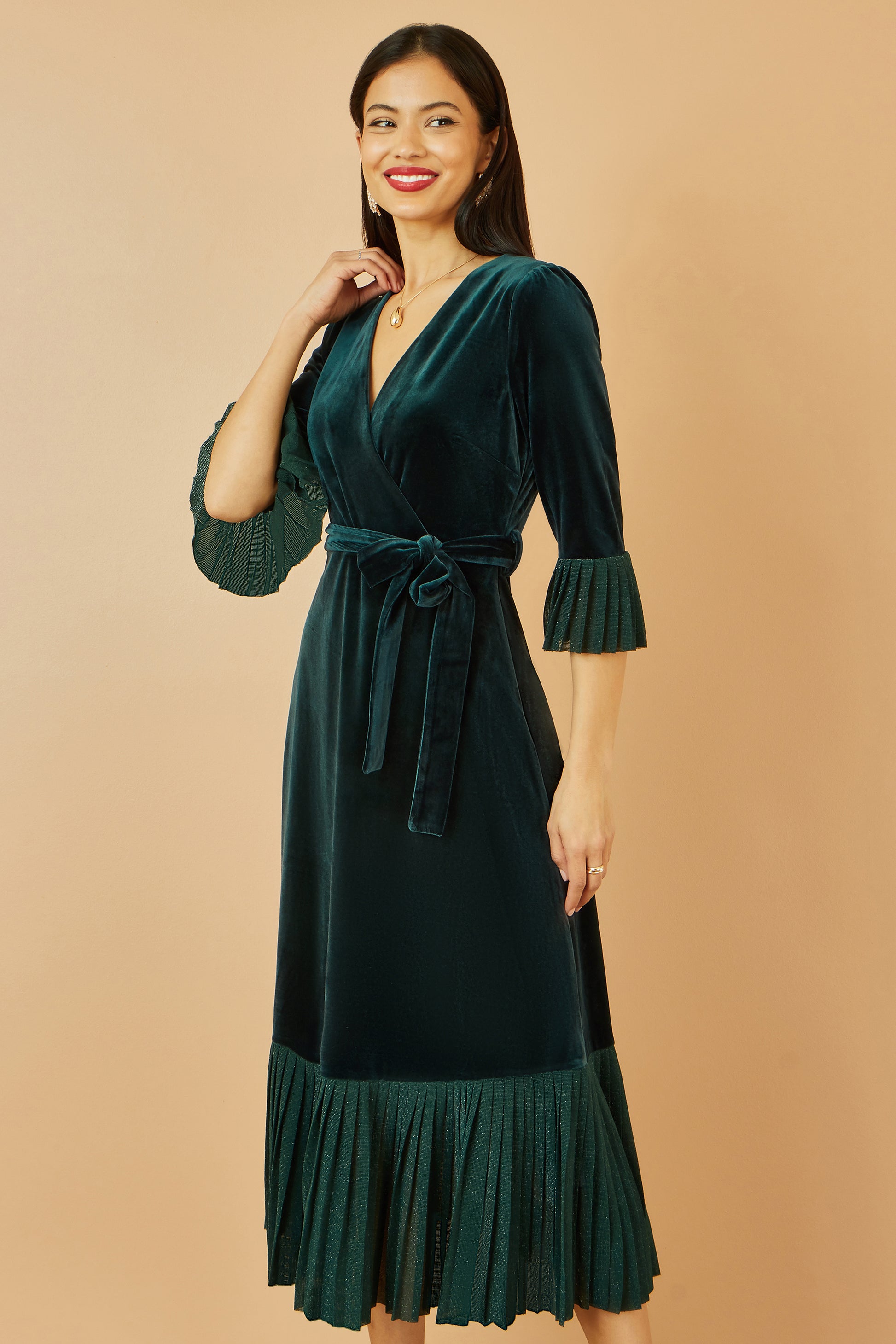 Yumi Green Velvet Wrap Midi Dress With Contrast Hemline Dress Party Yumi
