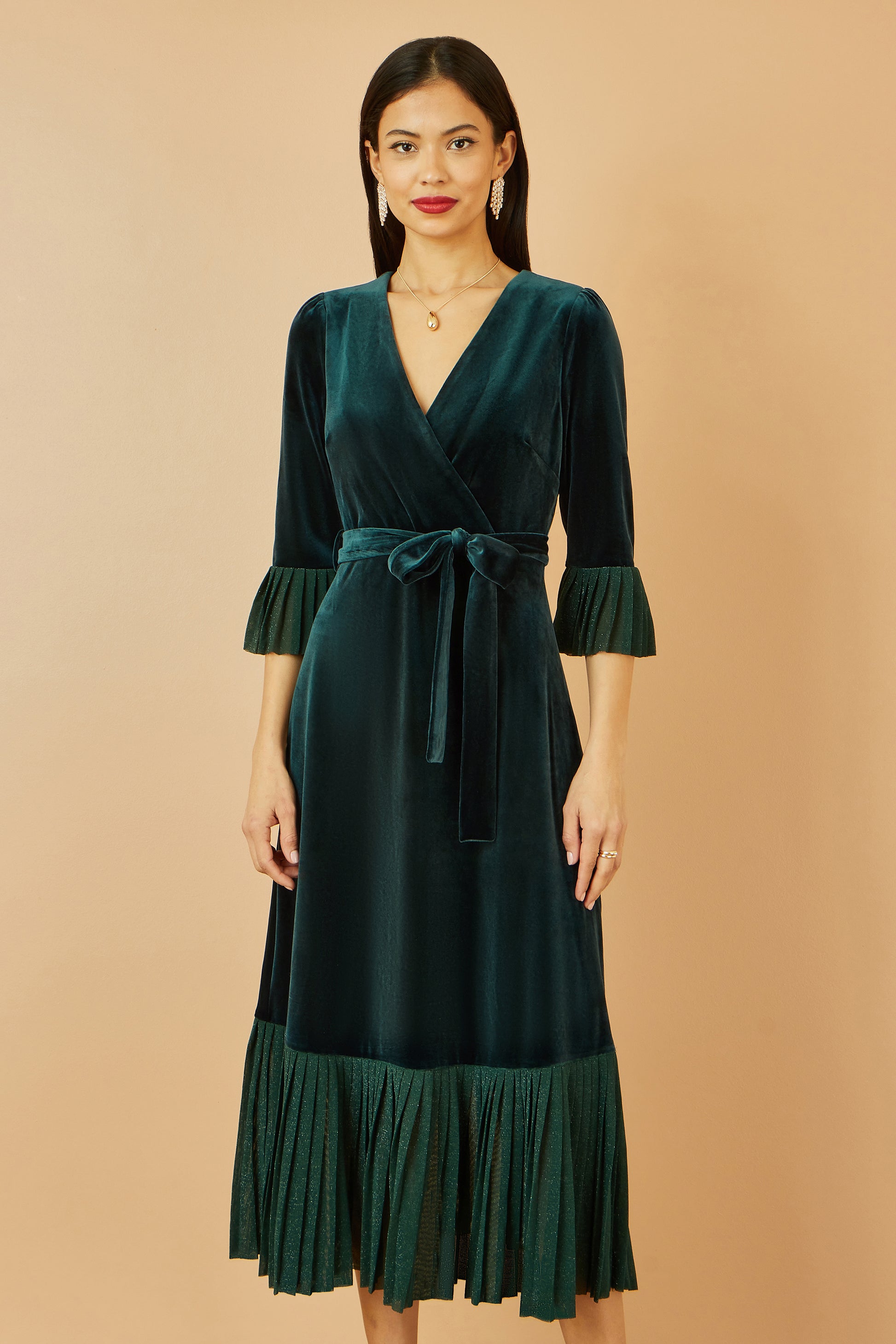 Yumi Green Velvet Wrap Midi Dress With Contrast Hemline Dress Party Yumi
