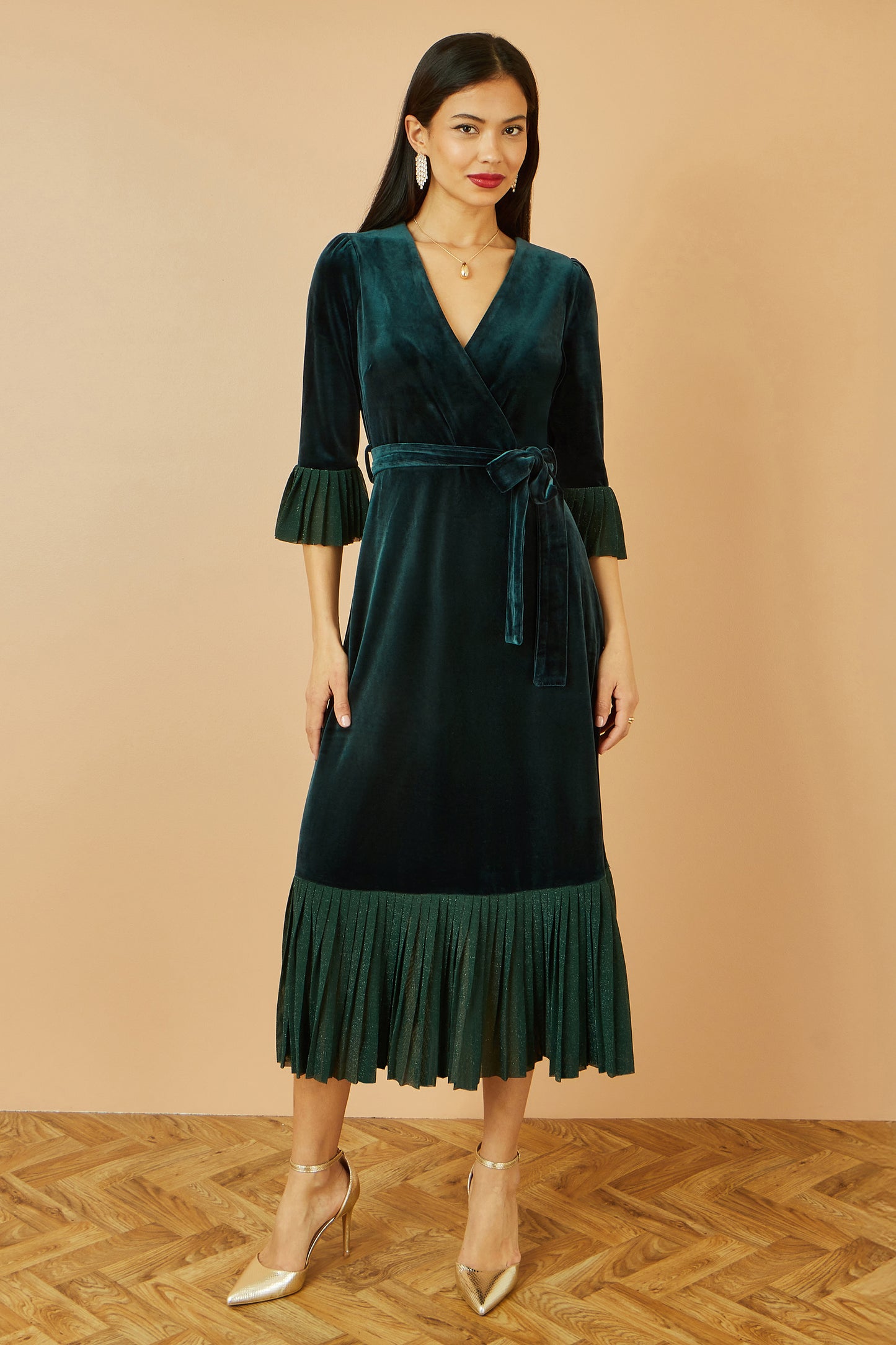 Yumi Green Velvet Wrap Midi Dress With Contrast Hemline Dress Party Yumi